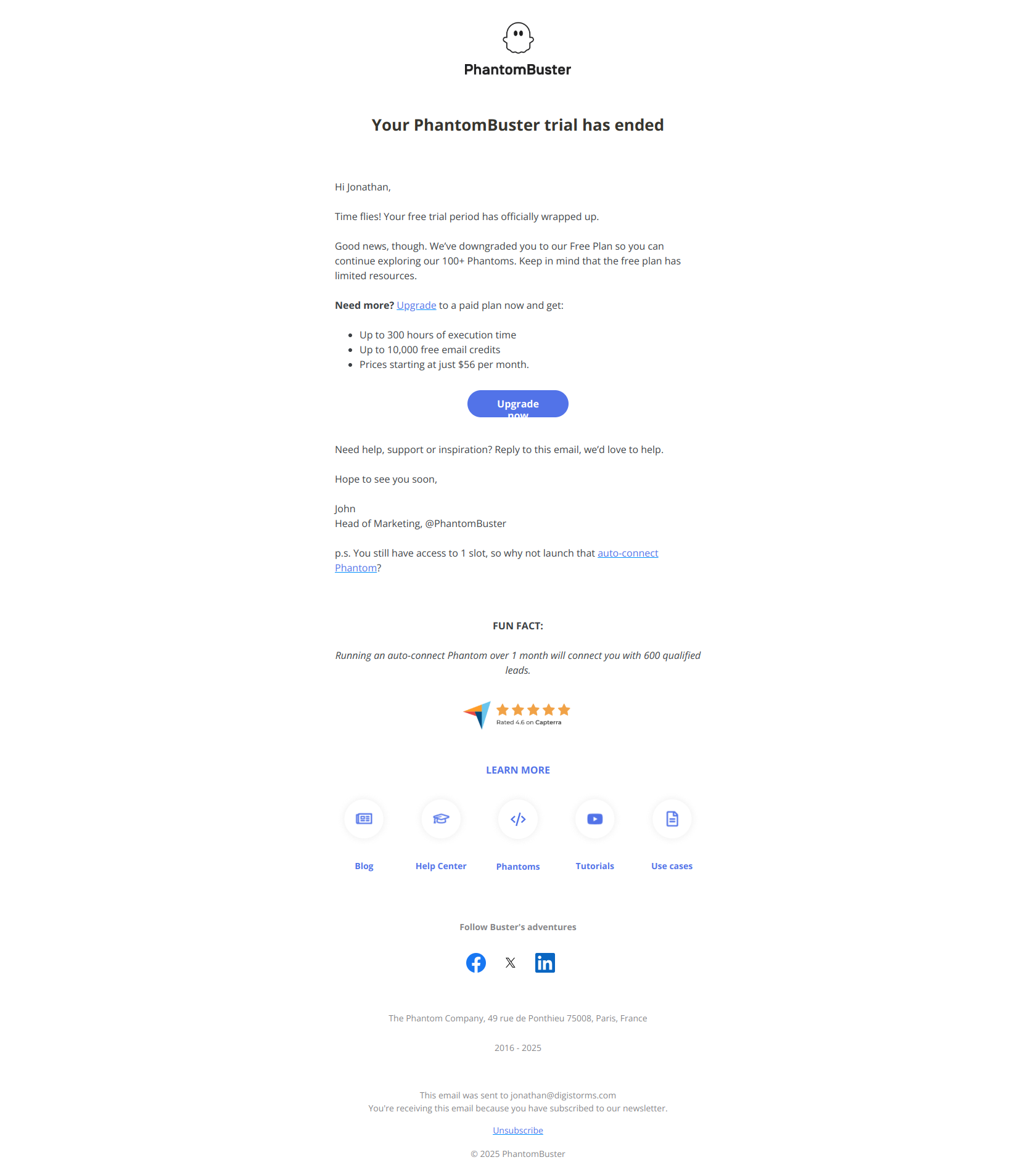 Your PhantomBuster trial has ended, what now? — email screenshot from Phantom Busters