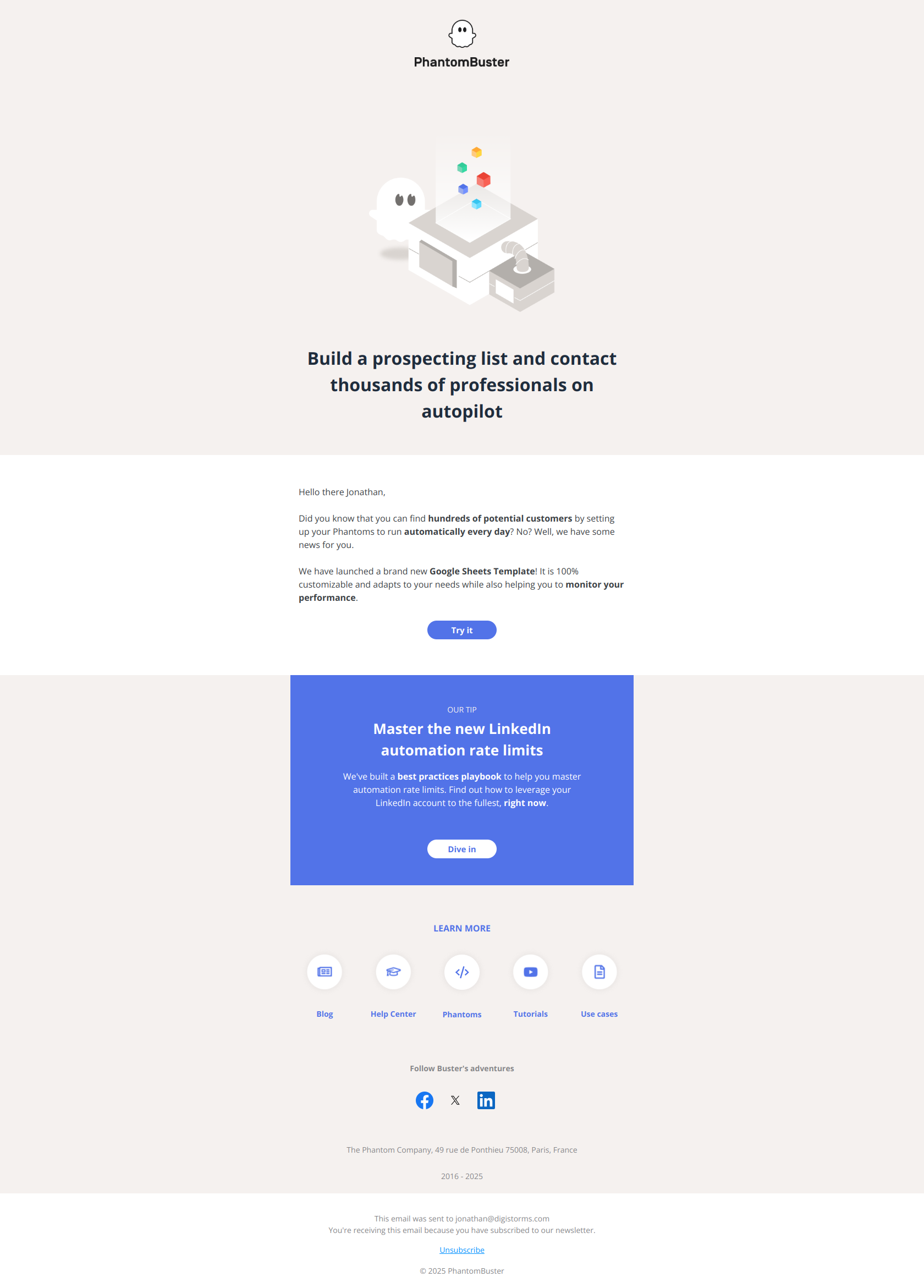 Reach thousands of leads using our 2025 best practices playbook — email screenshot from Phantom Busters