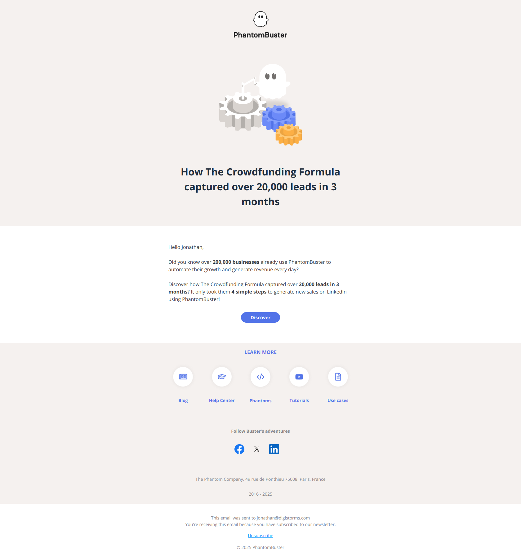 How The Crowdfunding Formula captured over 20,000 leads in 3 months — email screenshot from Phantom Busters