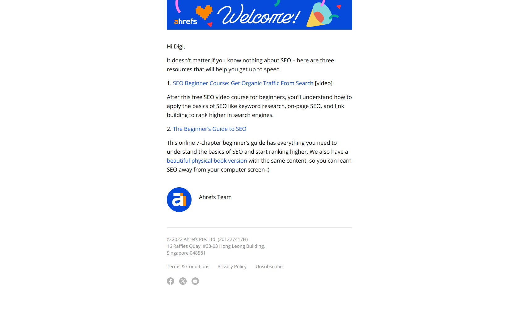 New to SEO? Let us help. — email screenshot from Ahrefs