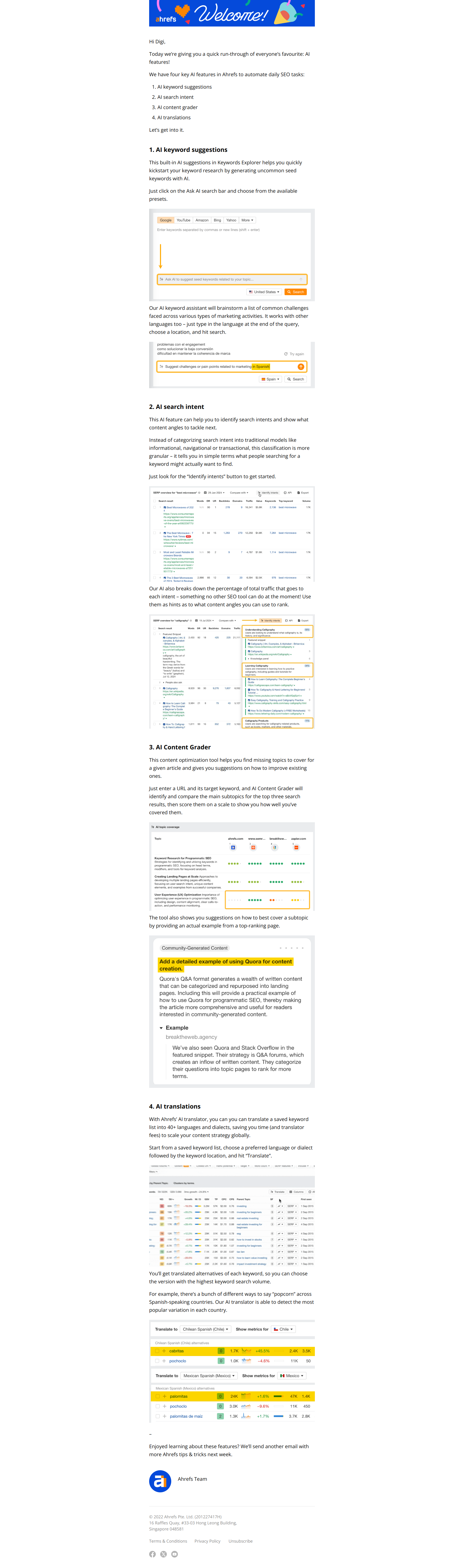 Use AI to suggest keywords, figure out search intent, translate keywords, and more — email screenshot from Ahrefs
