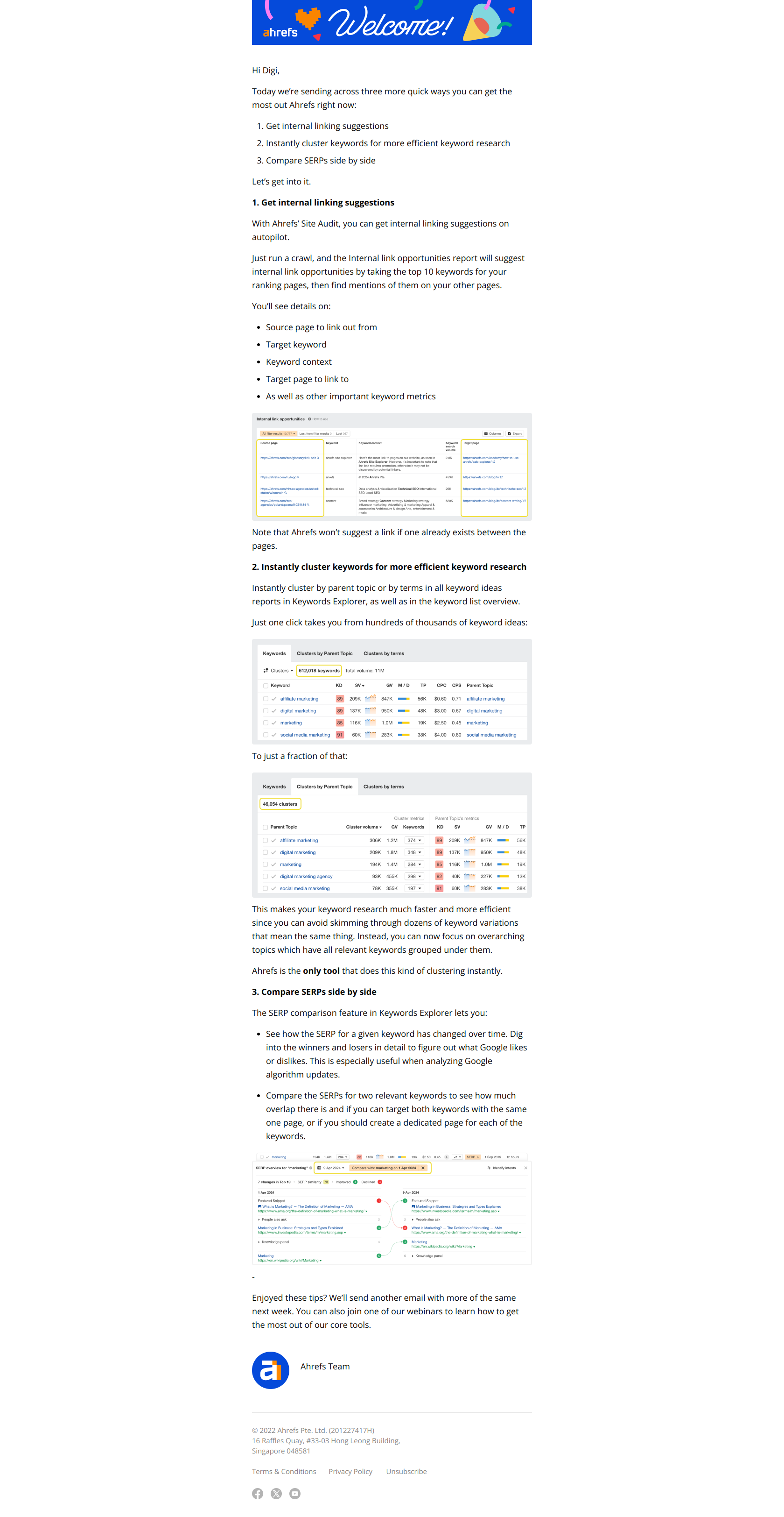 Get internal linking suggestions, cluster keywords, and more — email screenshot from Ahrefs