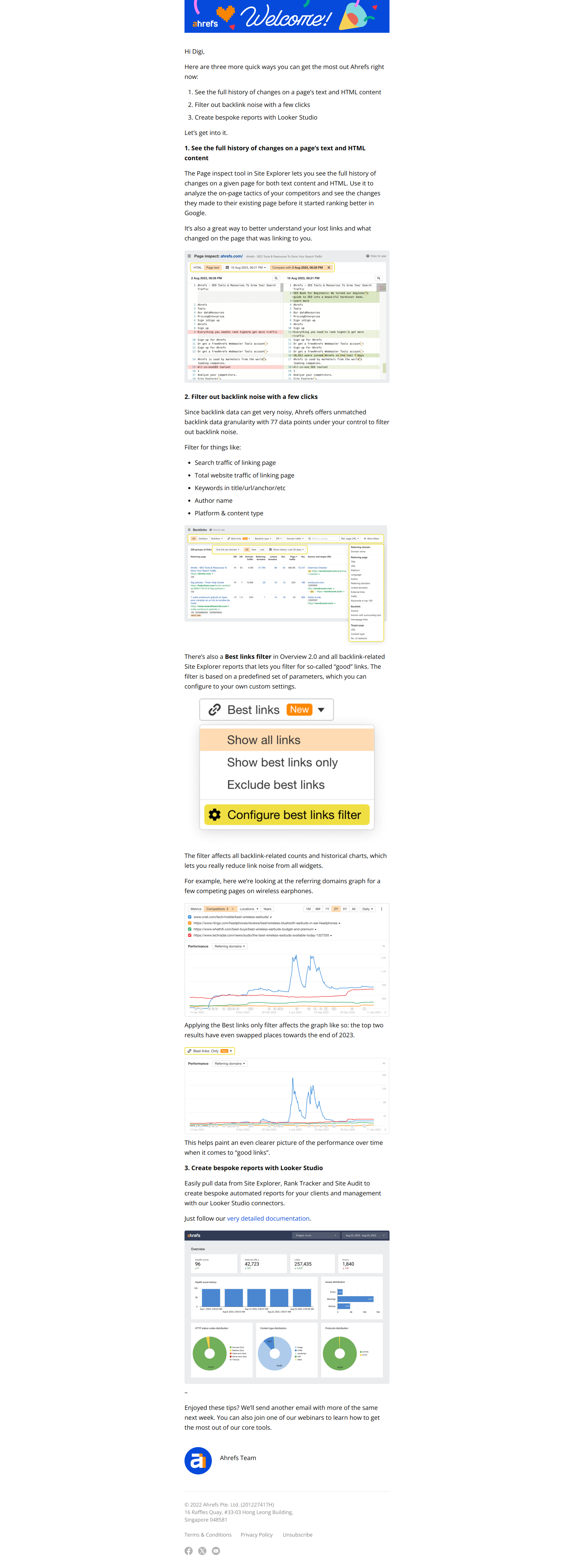 See the full history of changes on a page’s text and HTML content, and more — email screenshot from Ahrefs