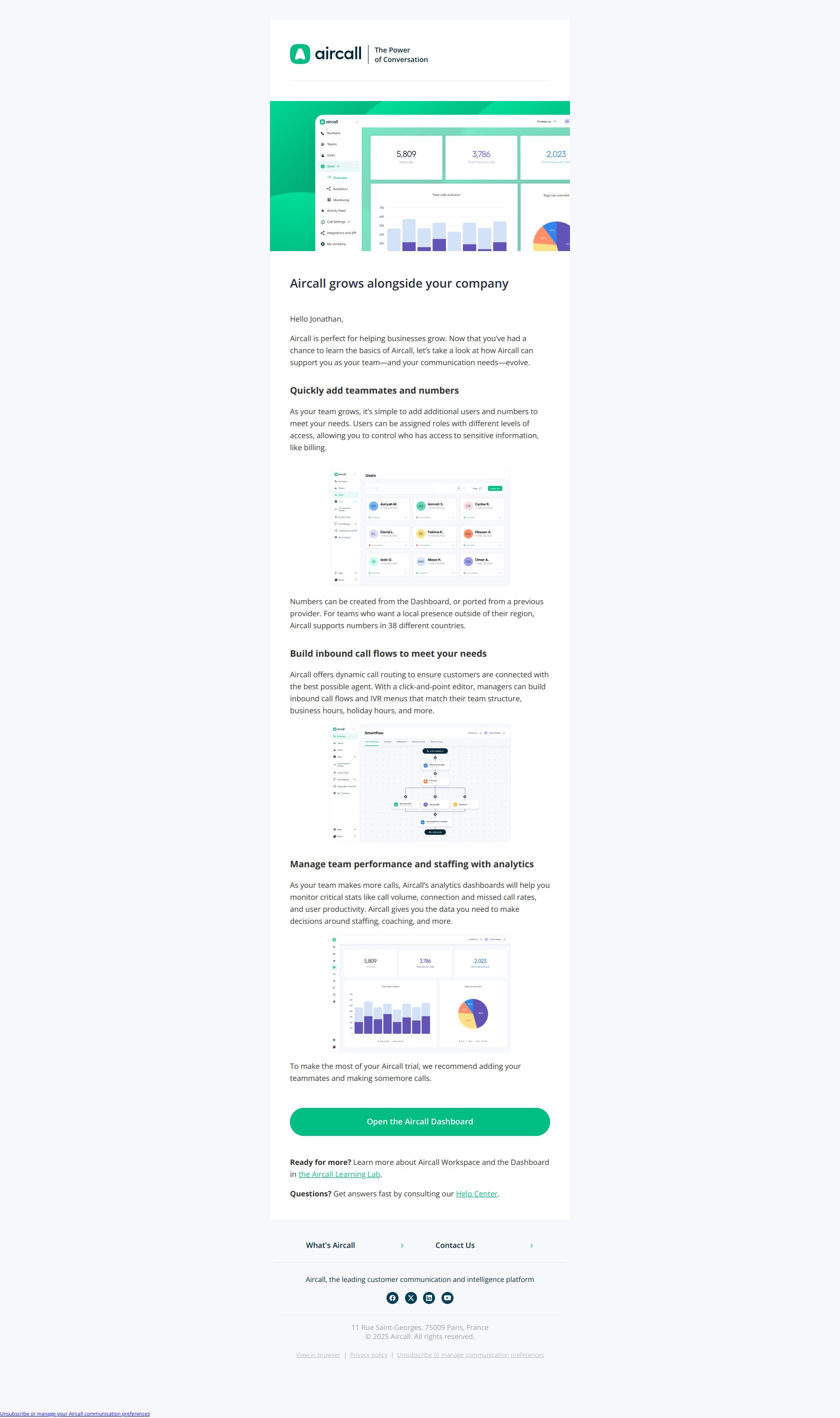 Jonathan, make the most of your Aircall trial — email screenshot from Aircall