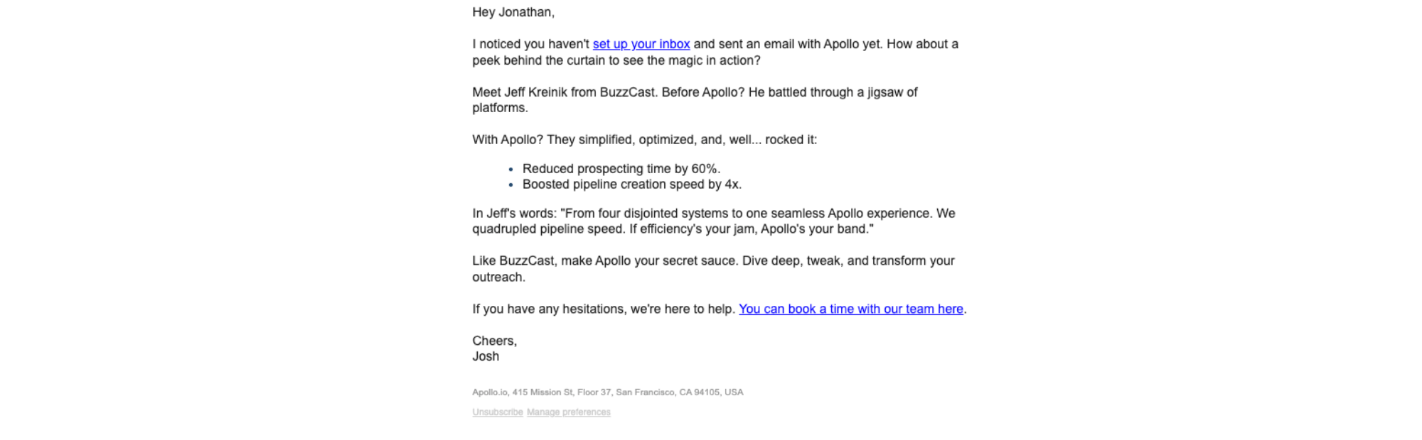 Re-engagement email example from Apollo