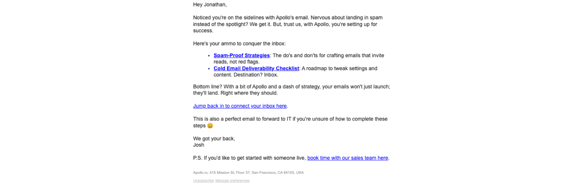 How to avoid the spam folder. — email screenshot from Apollo.io