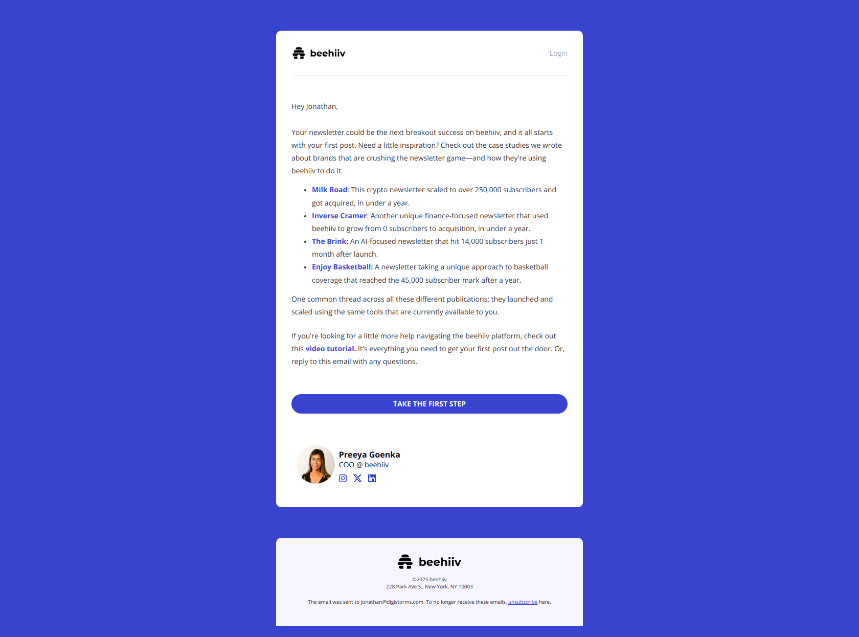 The journey of a thousand miles...⛰️ — email screenshot from Beehiiv