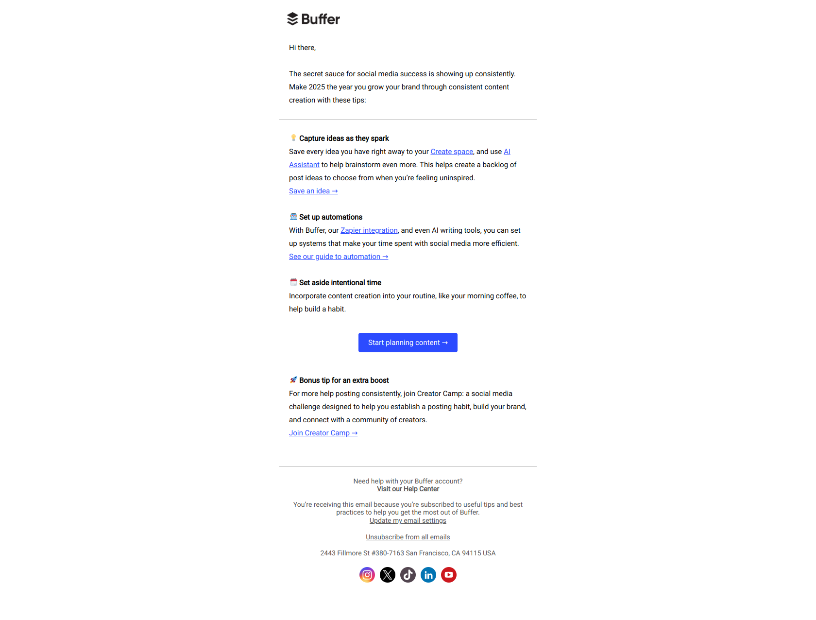 🚀 3 tips for social media success in 2025 — email screenshot from Buffer
