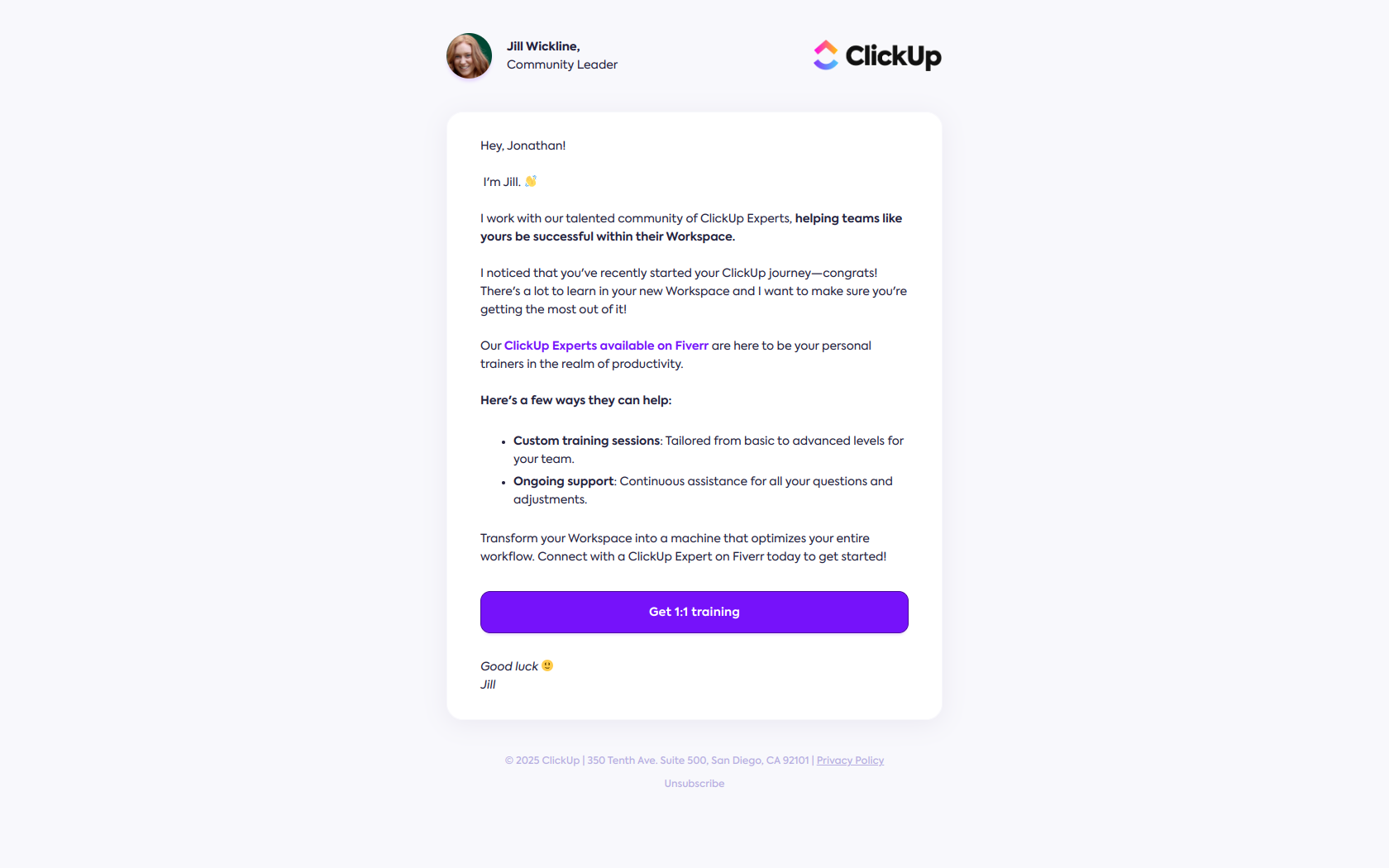 How's it going in your new Workspace? — email screenshot from Clickup