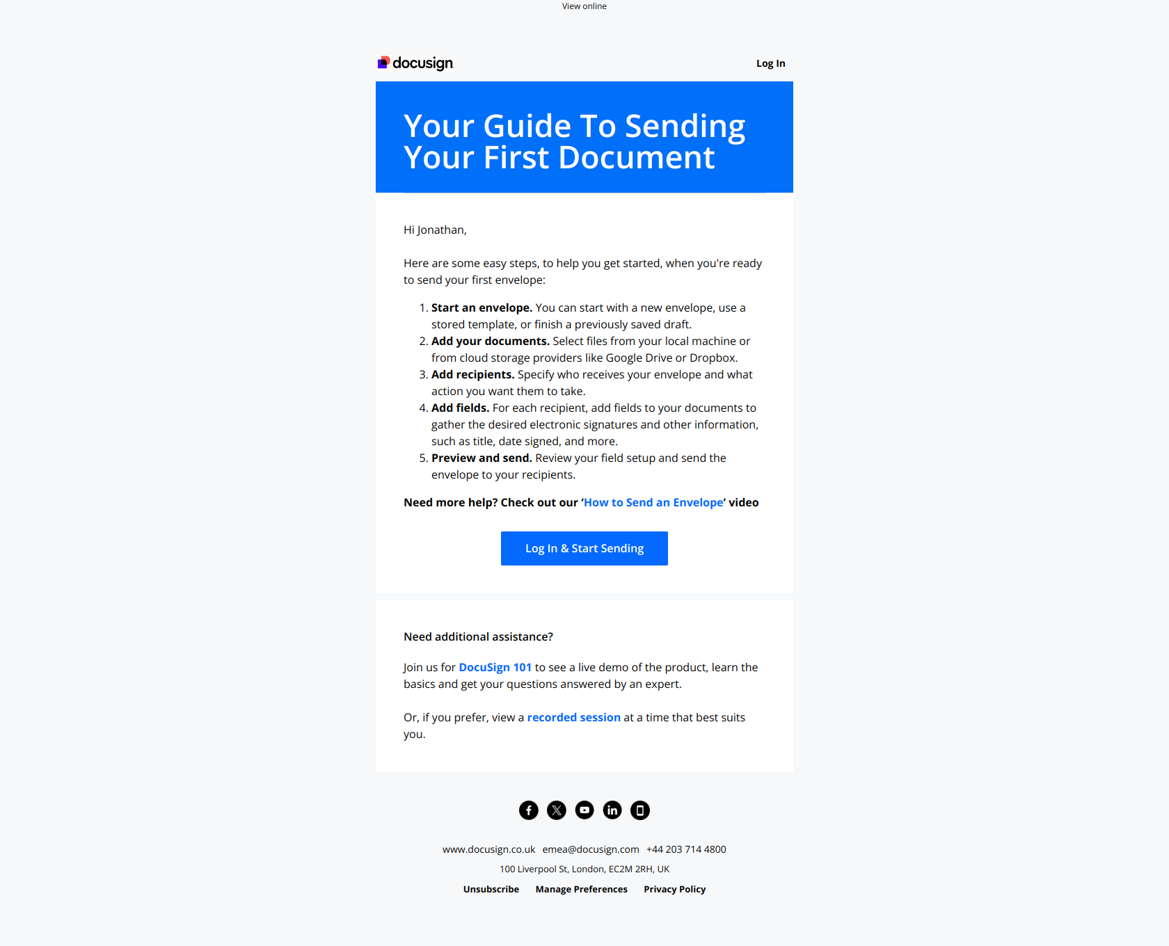 Let's get your first document sent and signed — email screenshot from Docusign