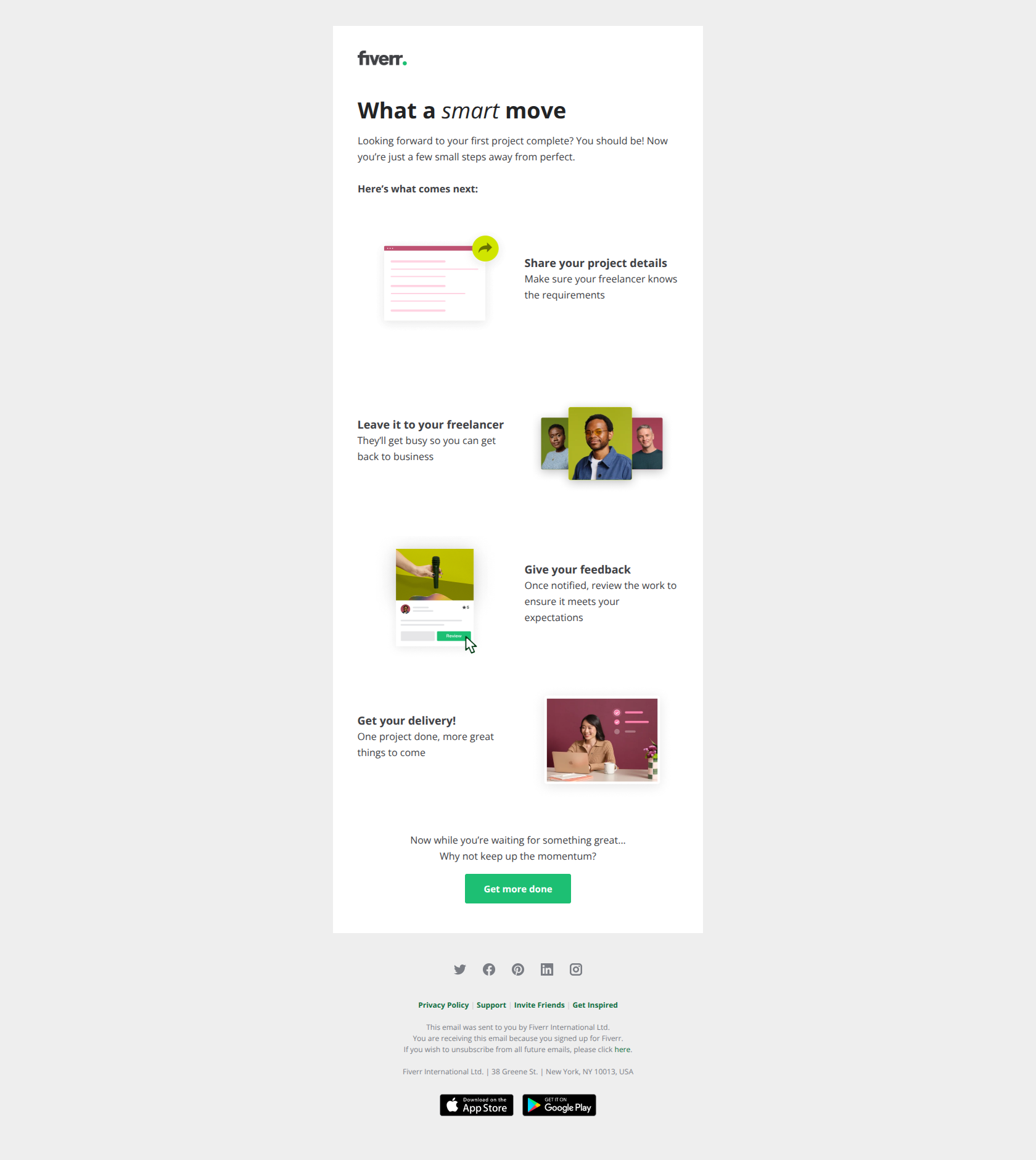 First project? On the way — email screenshot from Fiverr