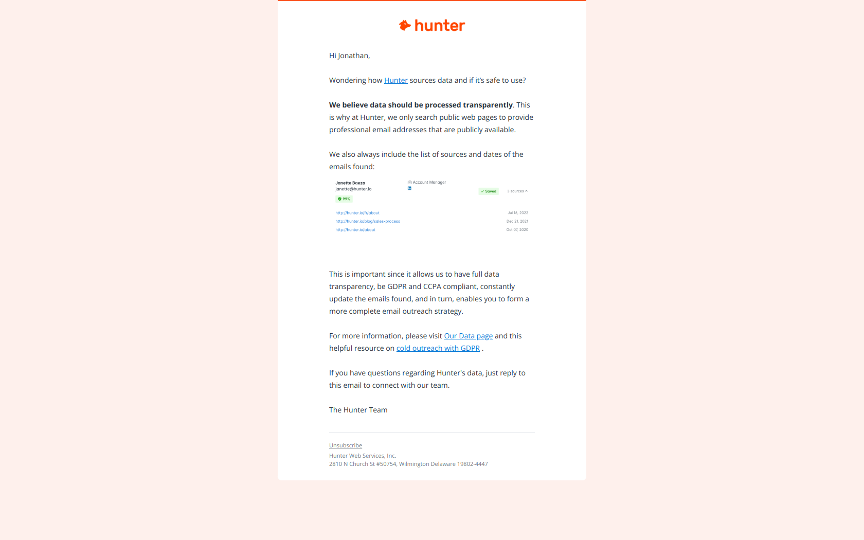 How does Hunter find emails? — email screenshot from Hunter.io