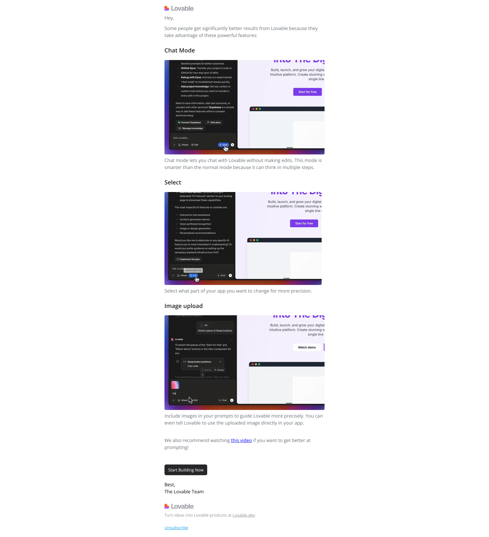 3 tricks to get more value from Lovable — email screenshot from Lovable