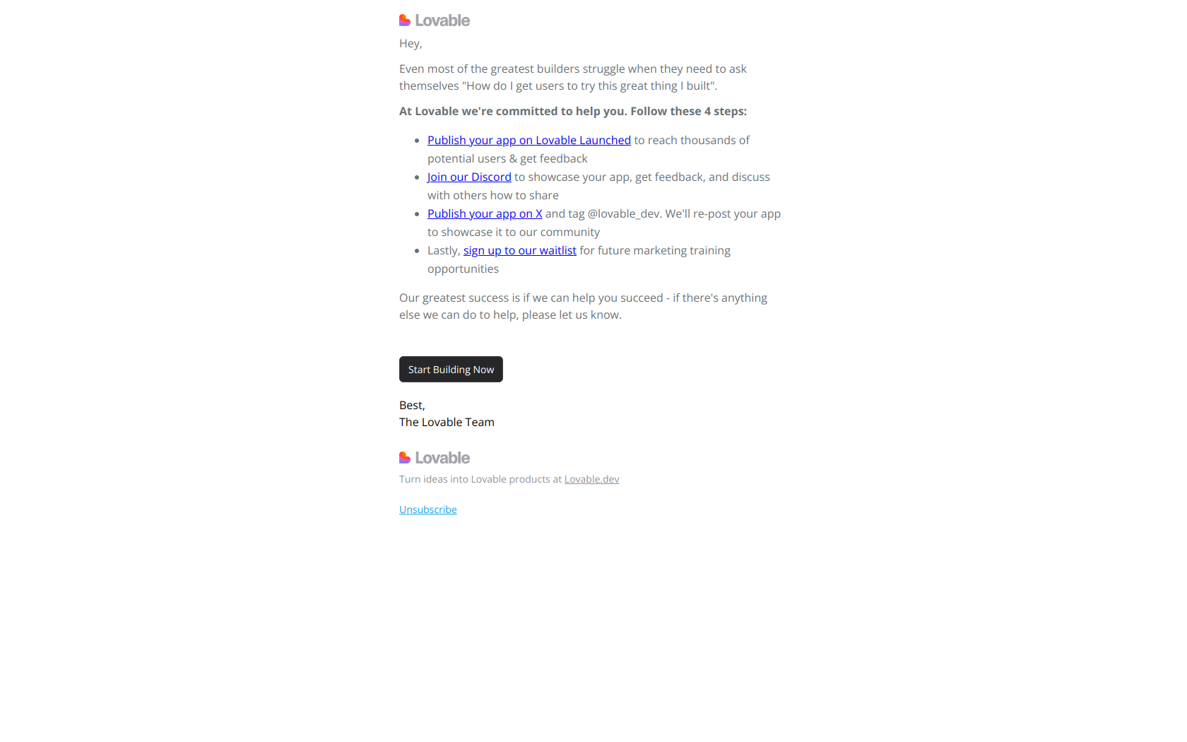 How to: Get the first 100 users for your Lovable app — email screenshot from Lovable