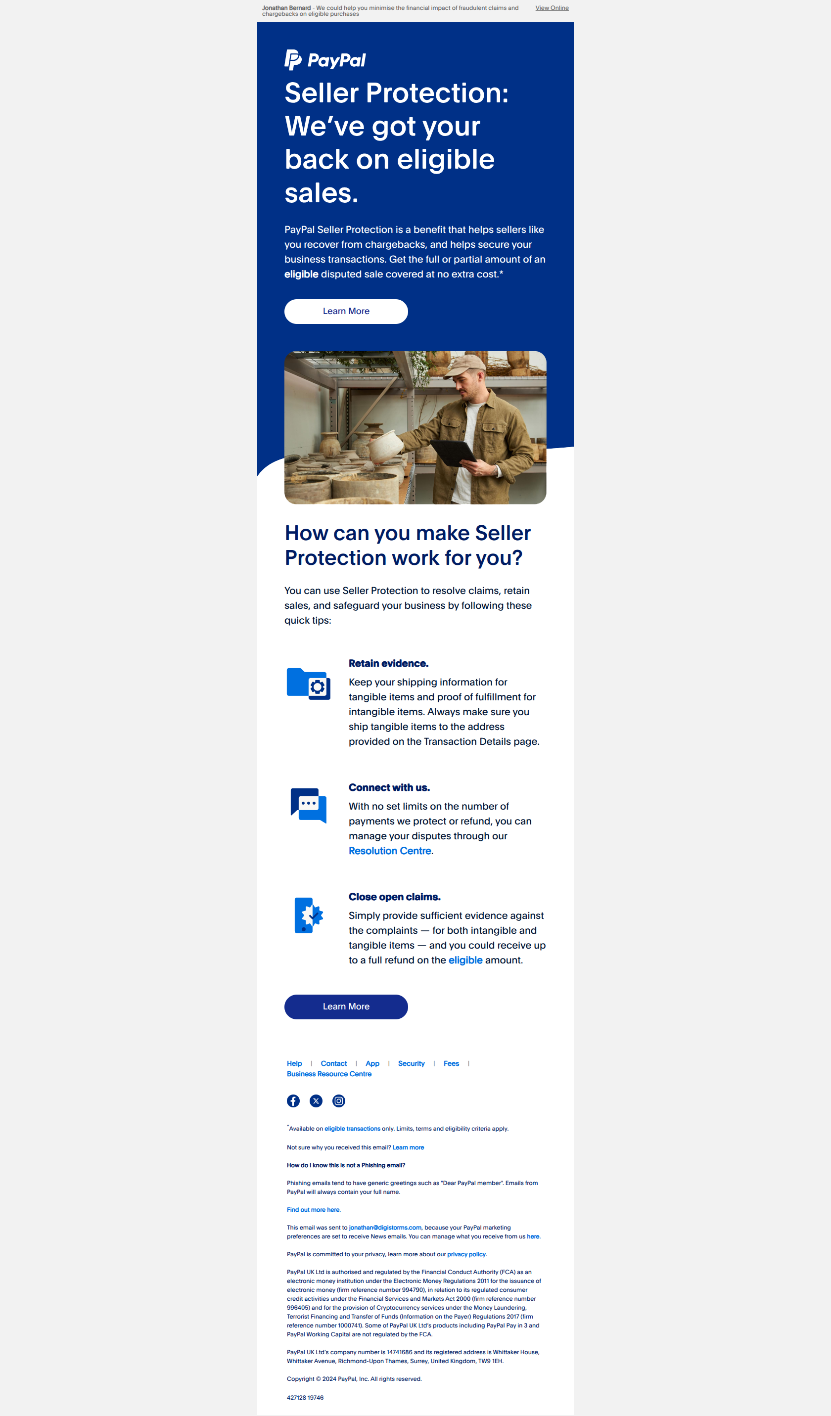 Seller Protection is already available with your account — email screenshot from Paypal