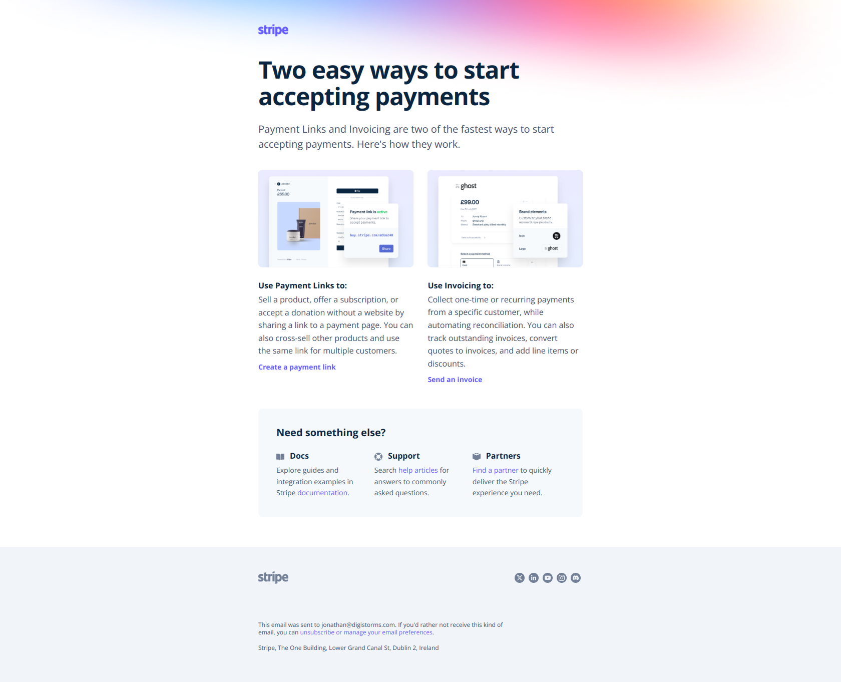 Fast. Simple. No coding required. — email screenshot from Stripe