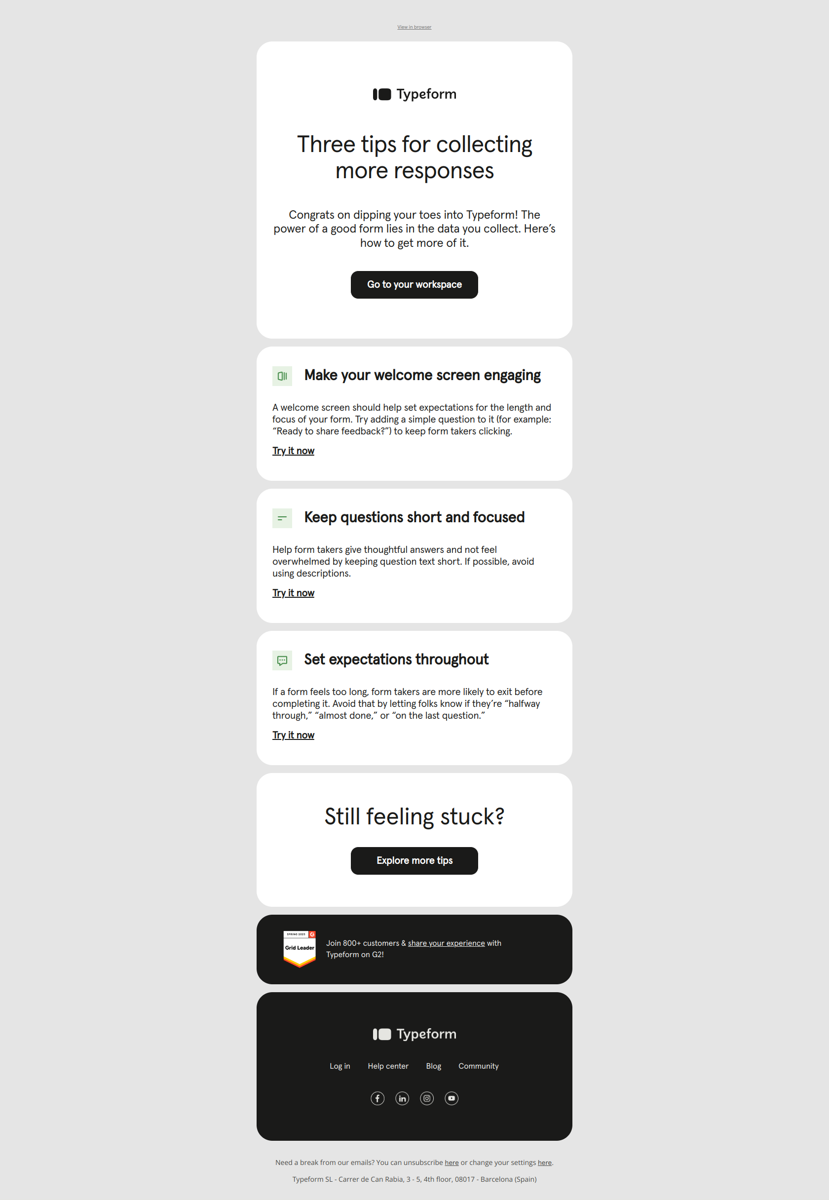 Want more data? It starts with responses — email screenshot from Typeform