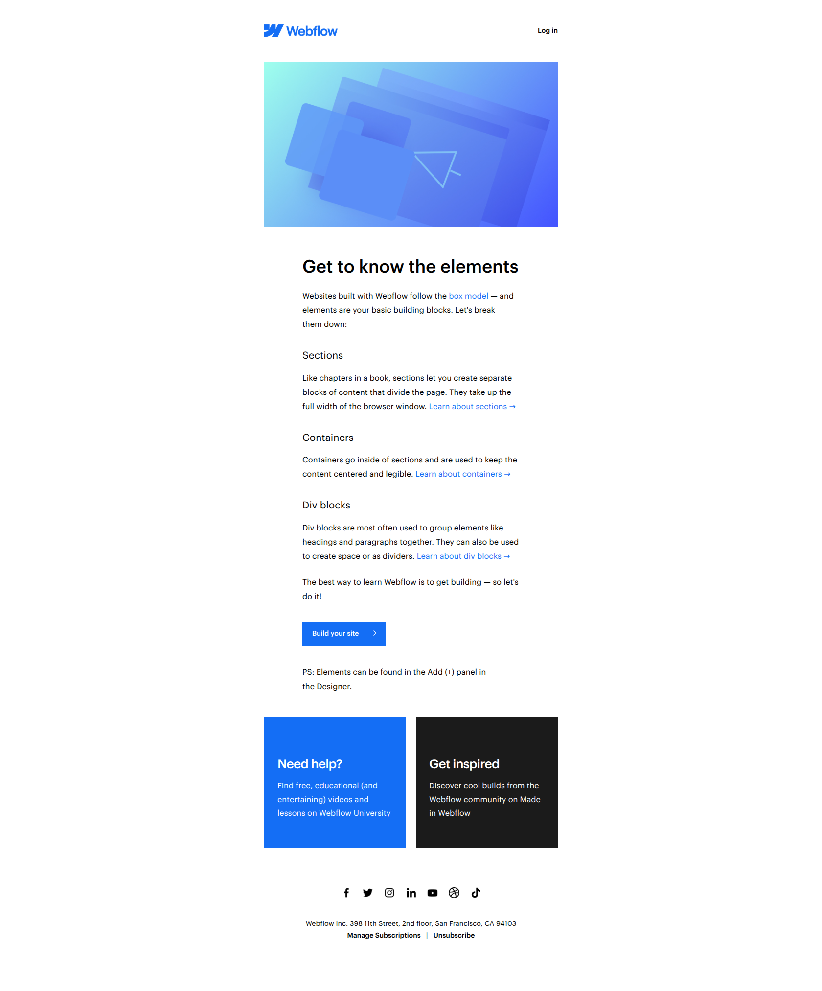 Sections, containers, div blocks, and more — email screenshot from Webflow