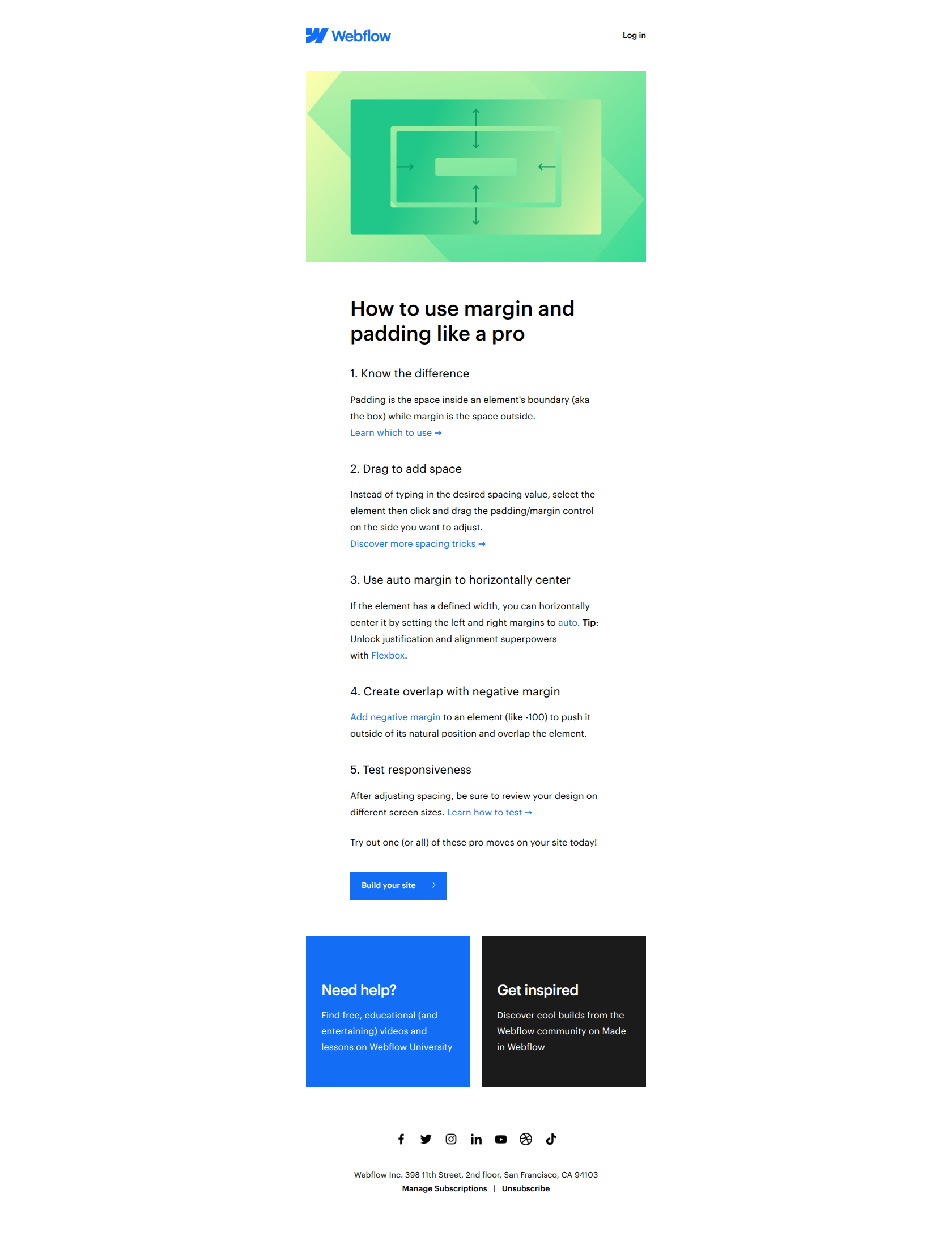 5 tips for using margin and padding — email screenshot from Webflow
