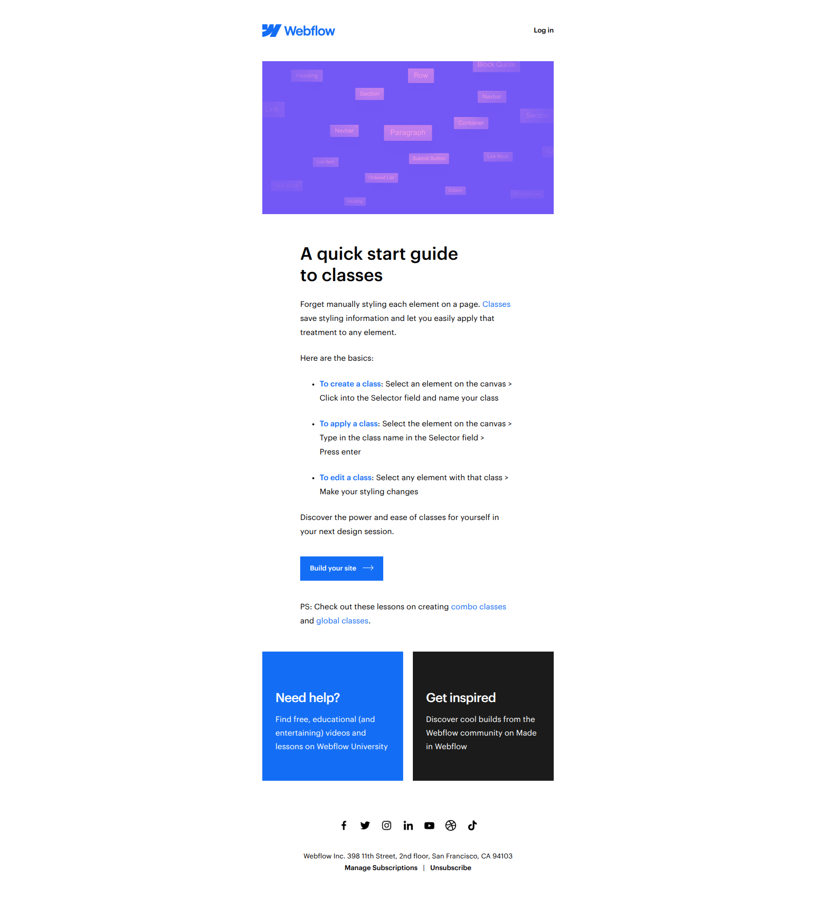 Classes: The ultimate styling shortcut — email screenshot from Webflow