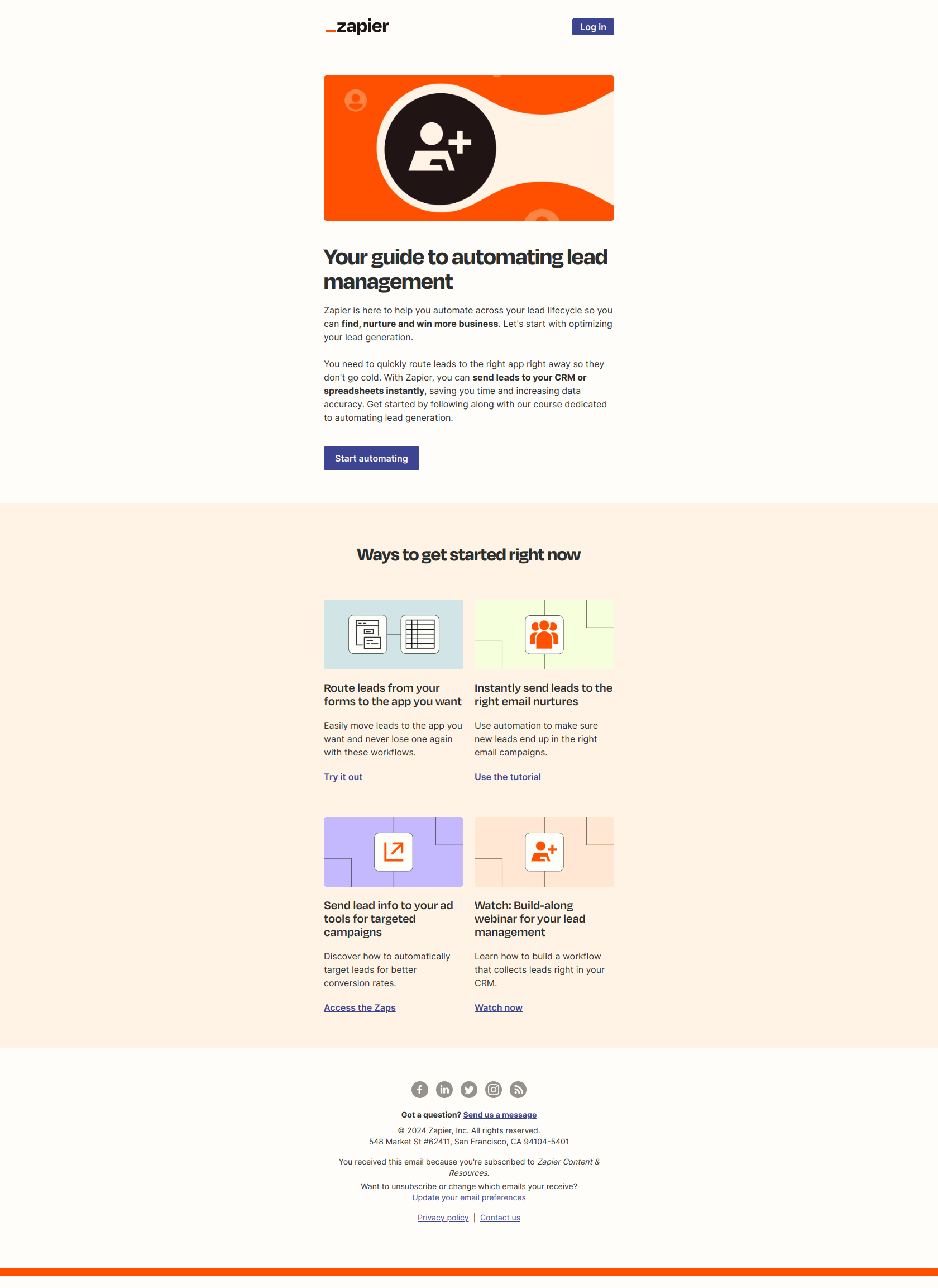 Automate your lead management — email screenshot from Zapier