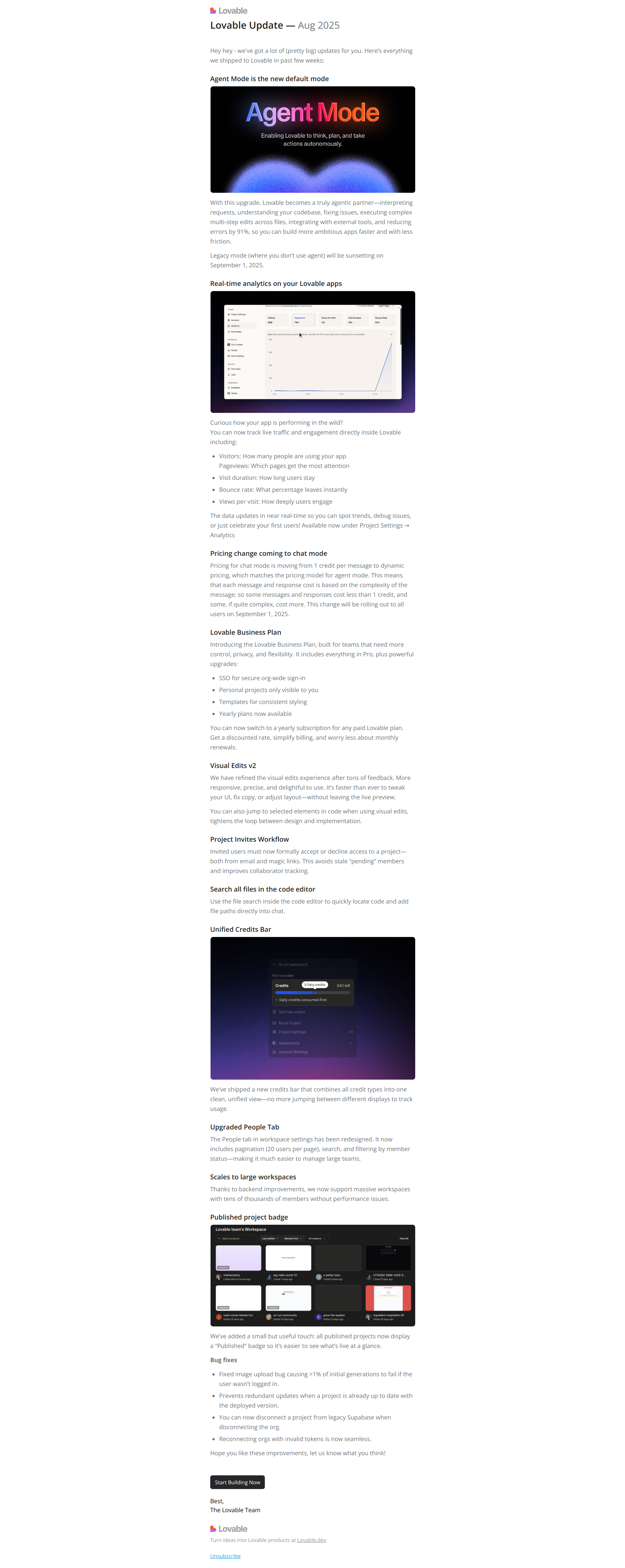 Lovable Update - agent mode, analytics, business plan & more — email screenshot from Lovable