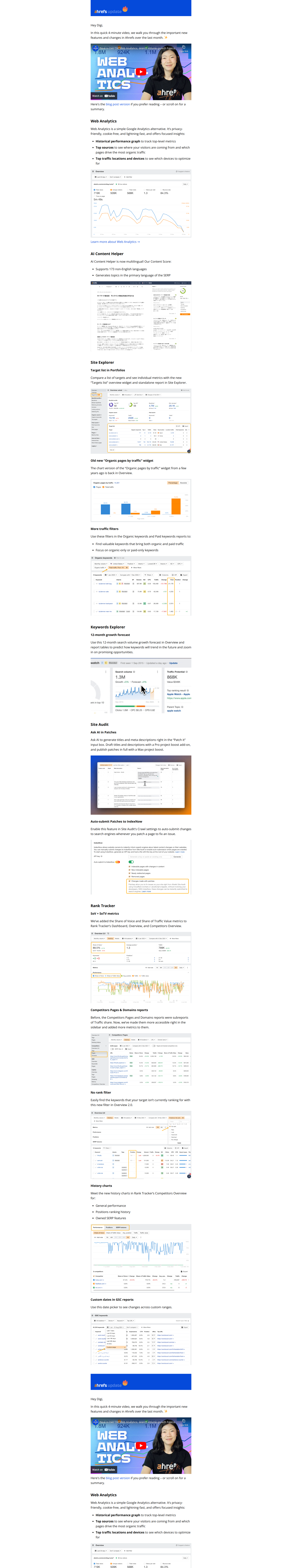 Web Analytics, search volume growth forecast and more — email screenshot from Ahrefs