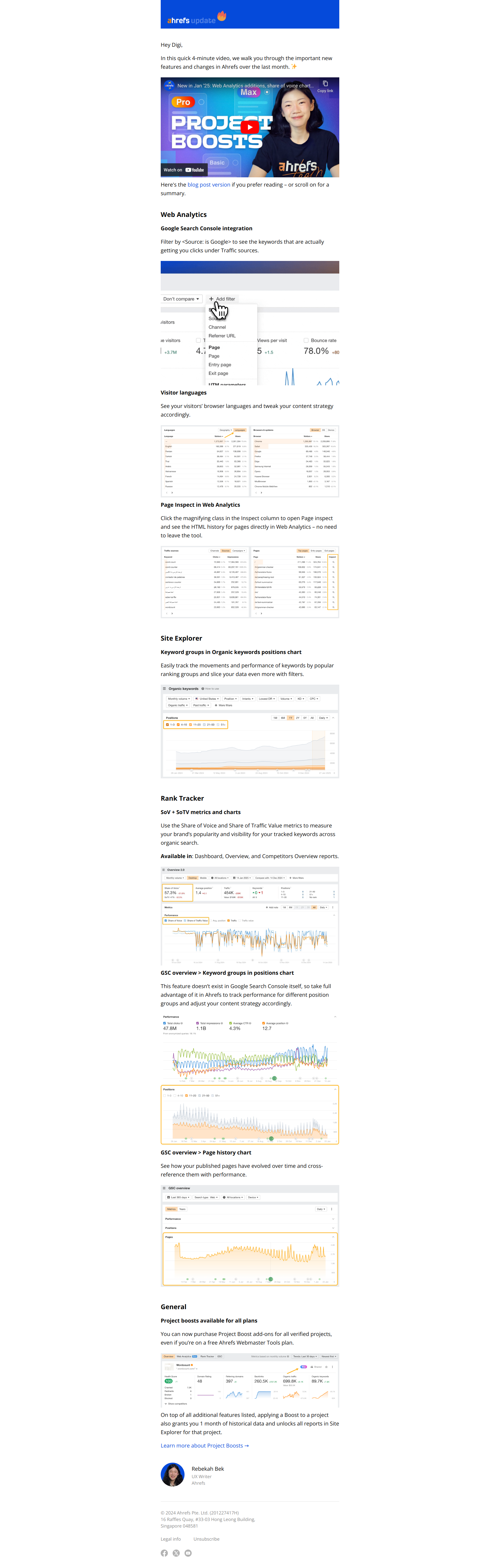 Web Analytics additions, share of voice charts in Rank Tracker, and more — email screenshot from Ahrefs