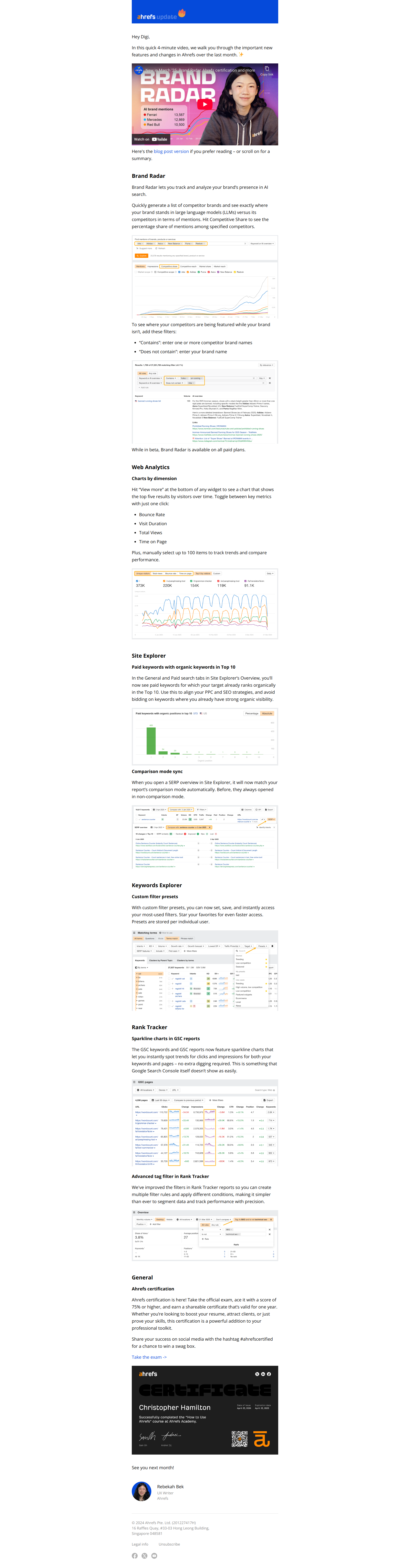 Brand Radar, Ahrefs certification, and more — email screenshot from Ahrefs