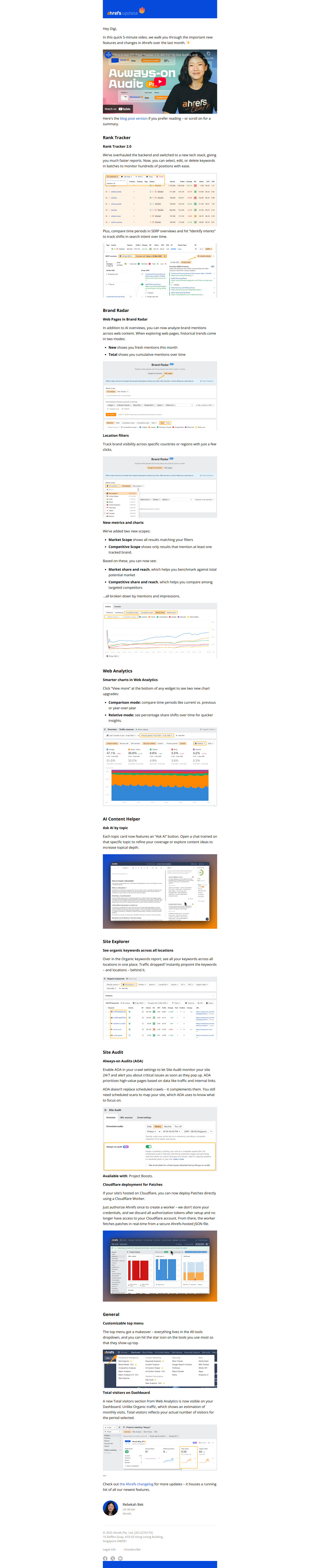 Rank Tracker 2.0, Always-on Site Audits, and more — email screenshot from Ahrefs