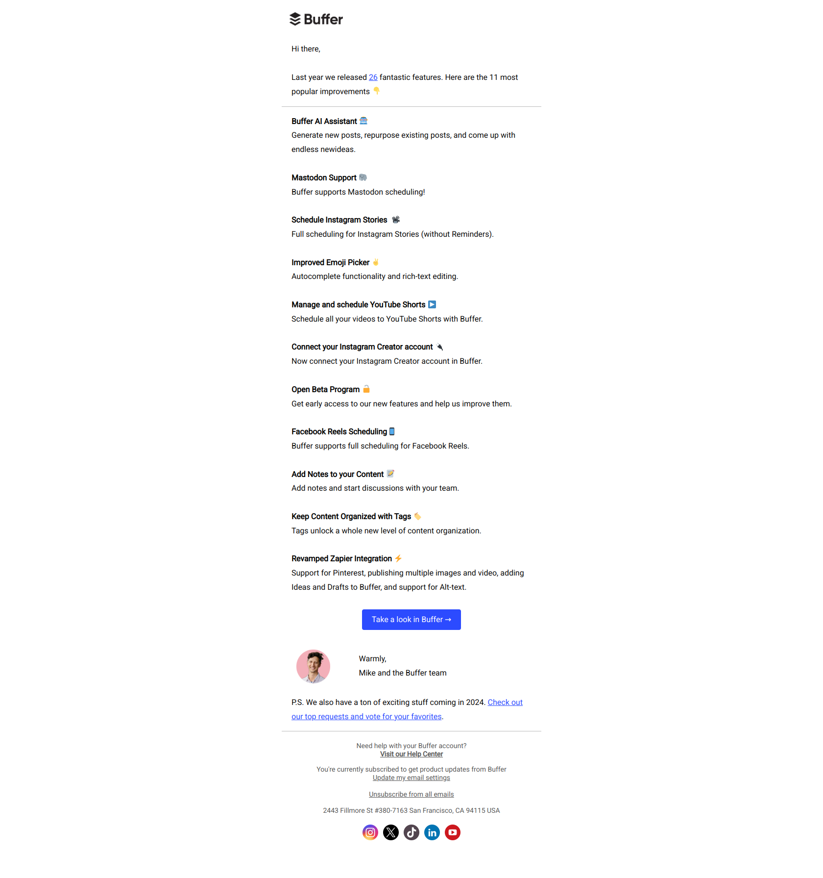 Buffer changed a lot last year... — email screenshot from Buffer