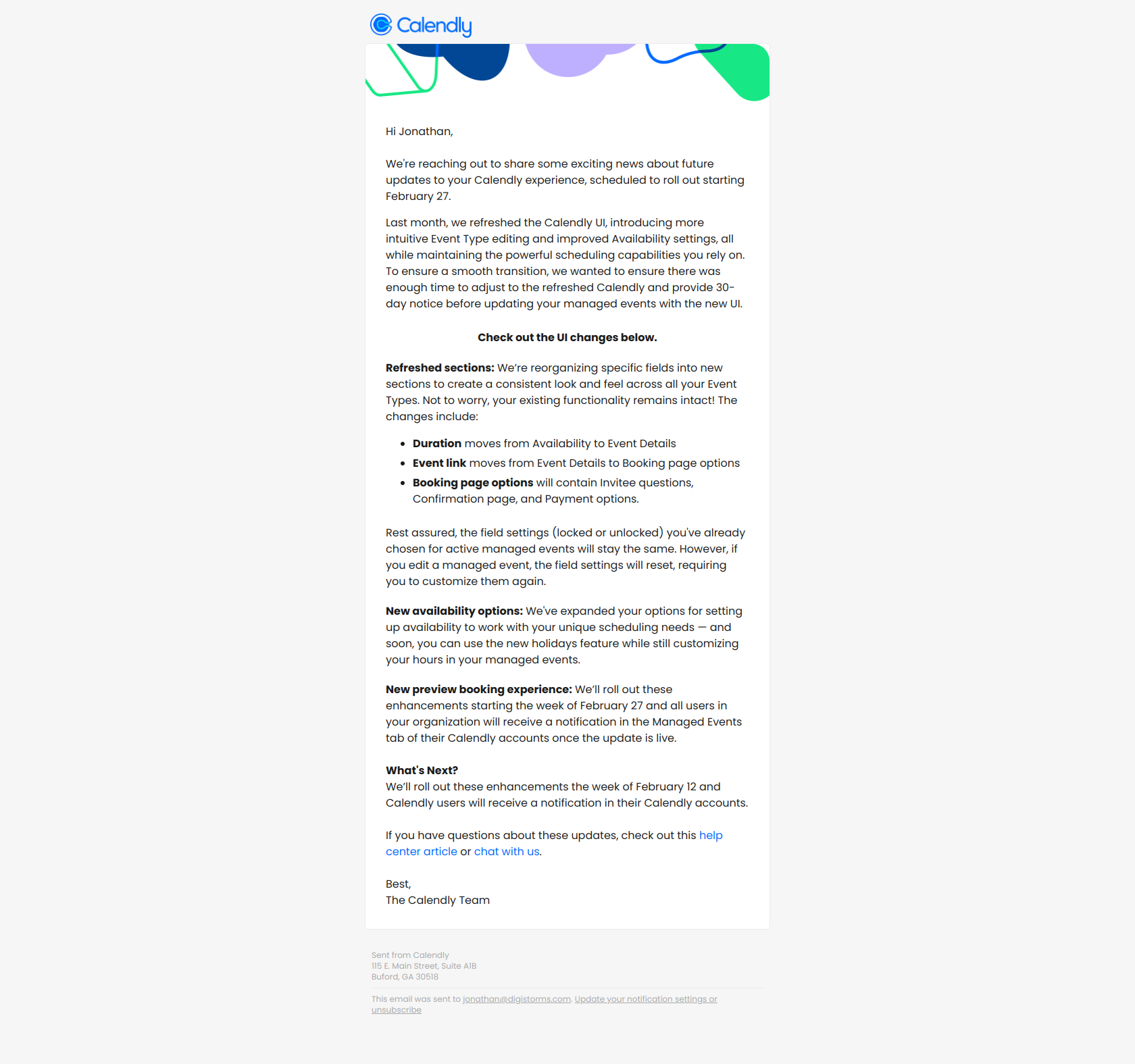 Exciting Calendly Update for Your Managed Events! 🎉 — email screenshot from Calendly