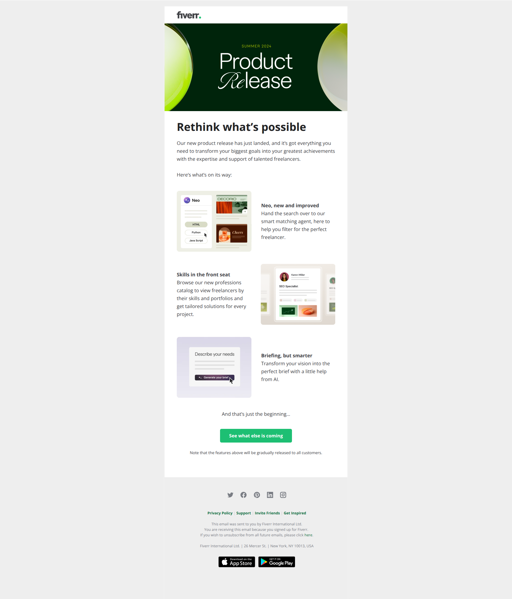 All-new features are coming. — email screenshot from Fiverr