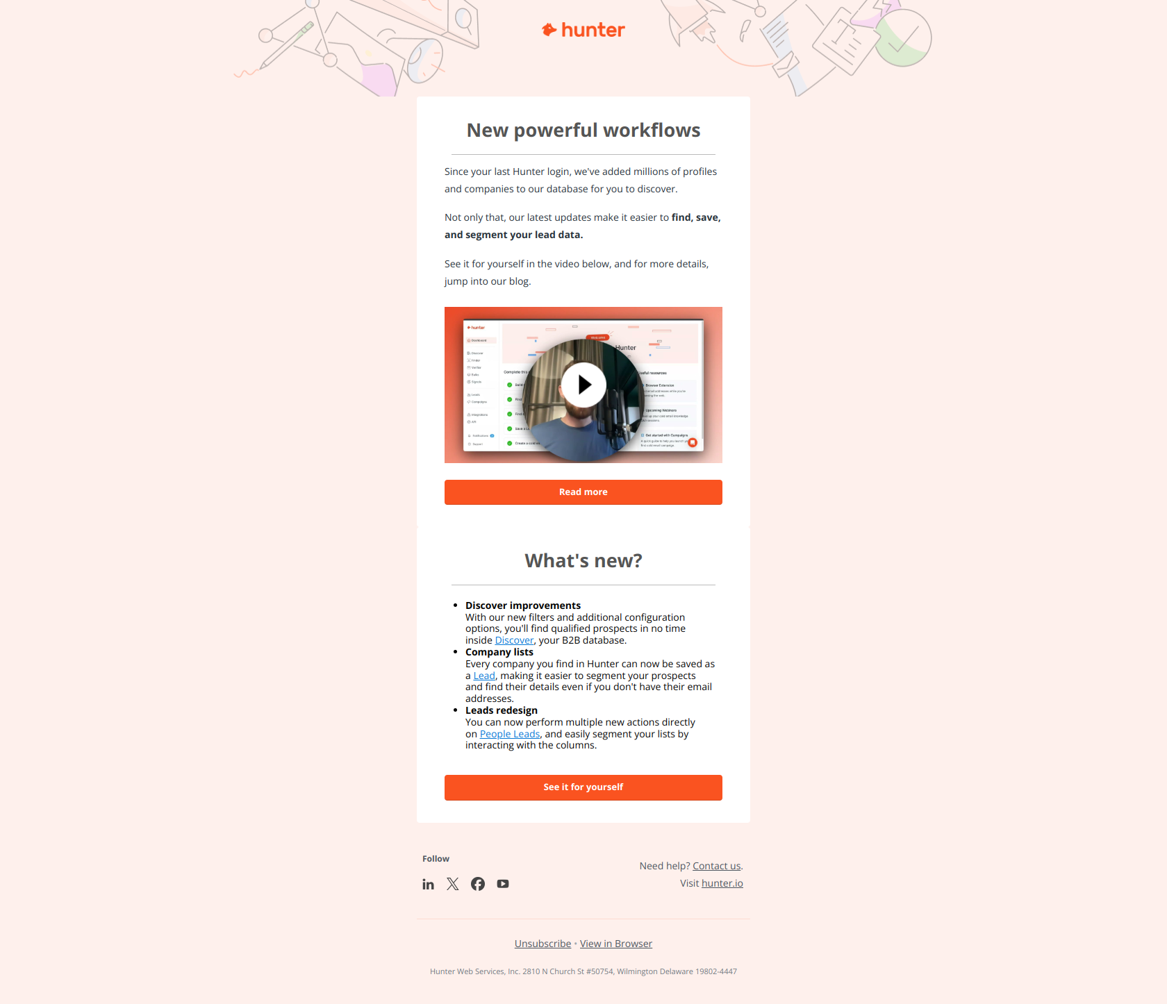 Huge improvements in Leads & Discover — email screenshot from Hunter.io