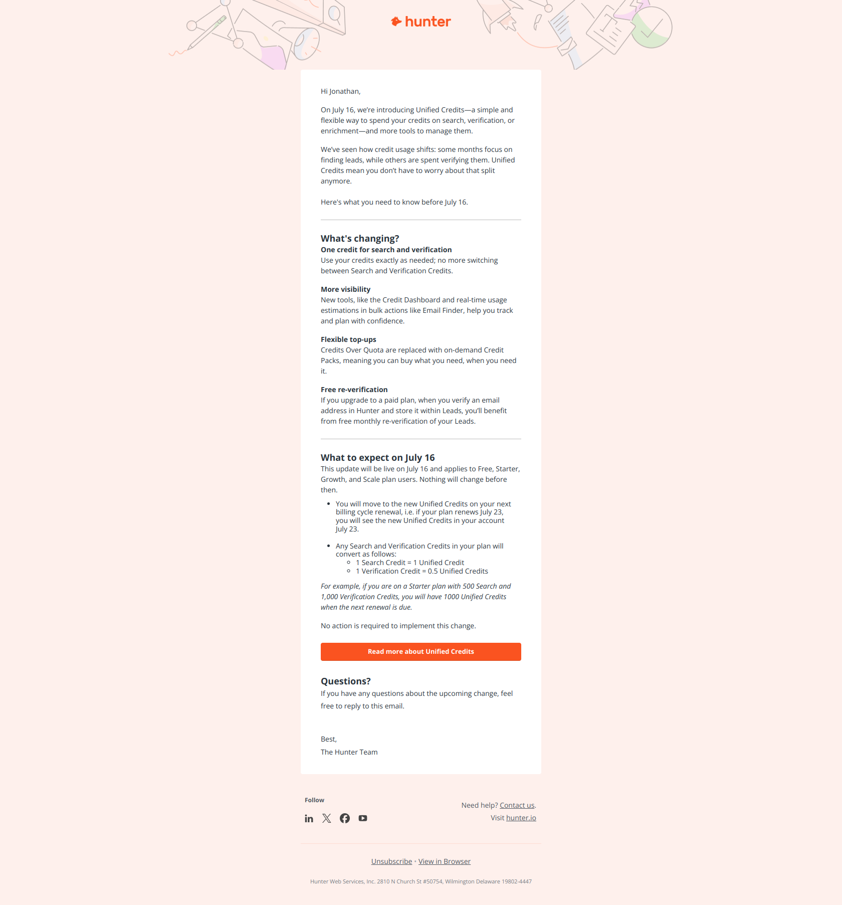 Introducing Unified Credits - coming July 16 — email screenshot from Hunter.io