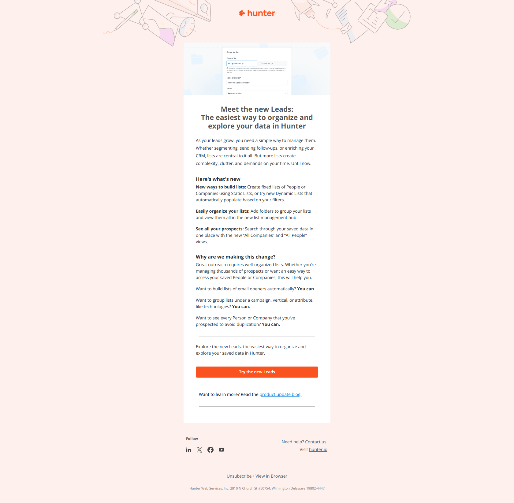 Your Leads management has just been improved - see what's new inside Hunter — email screenshot from Hunter.io