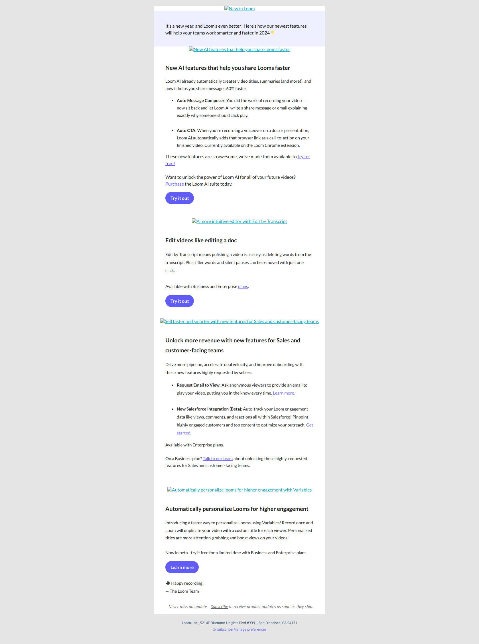 New in Loom: Record and share your videos 60% faster ⚡ — email screenshot from Loom