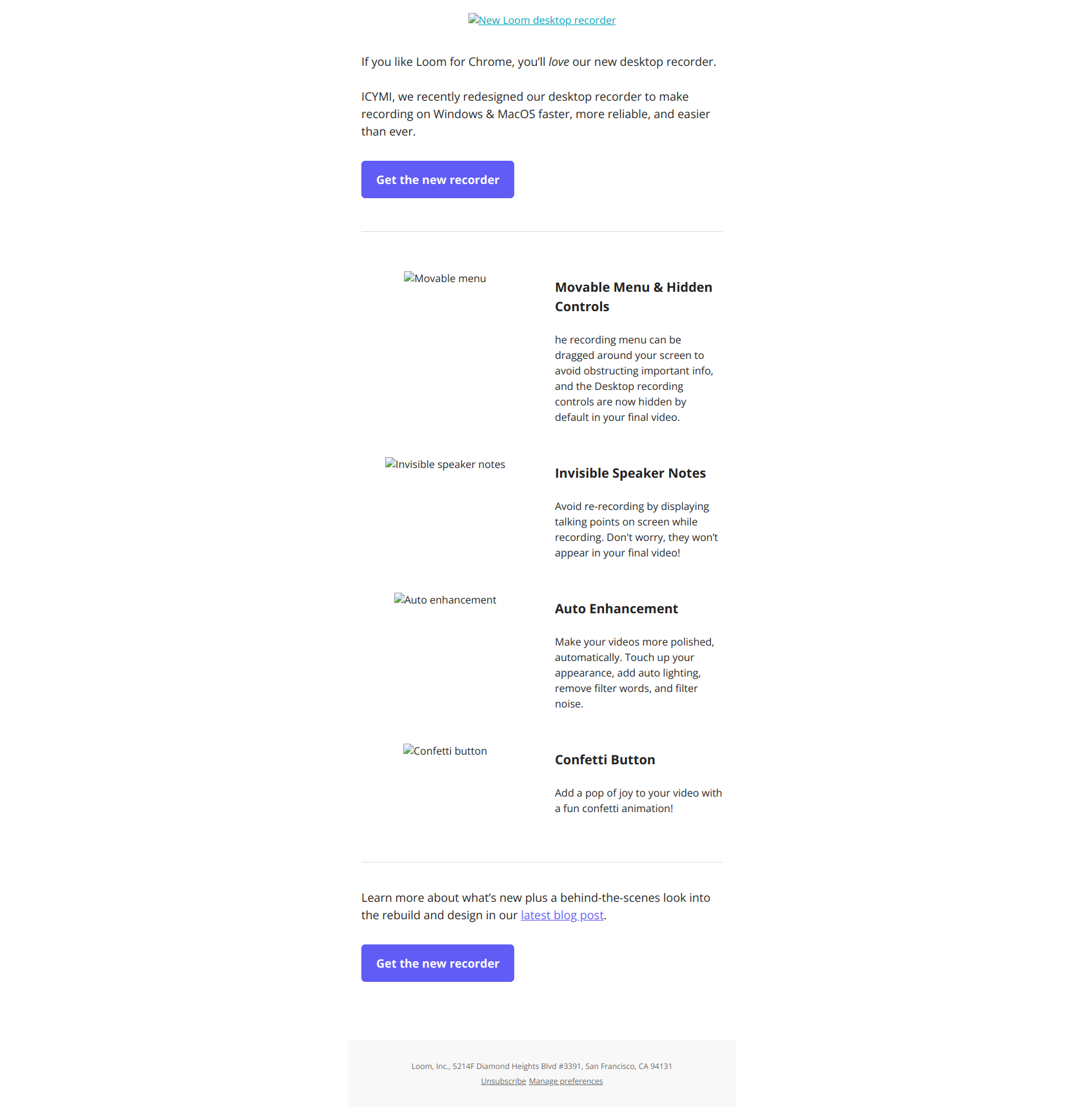 🤩 Redesigned Loom desktop recorder: faster, more reliable, and easier to use — email screenshot from Loom