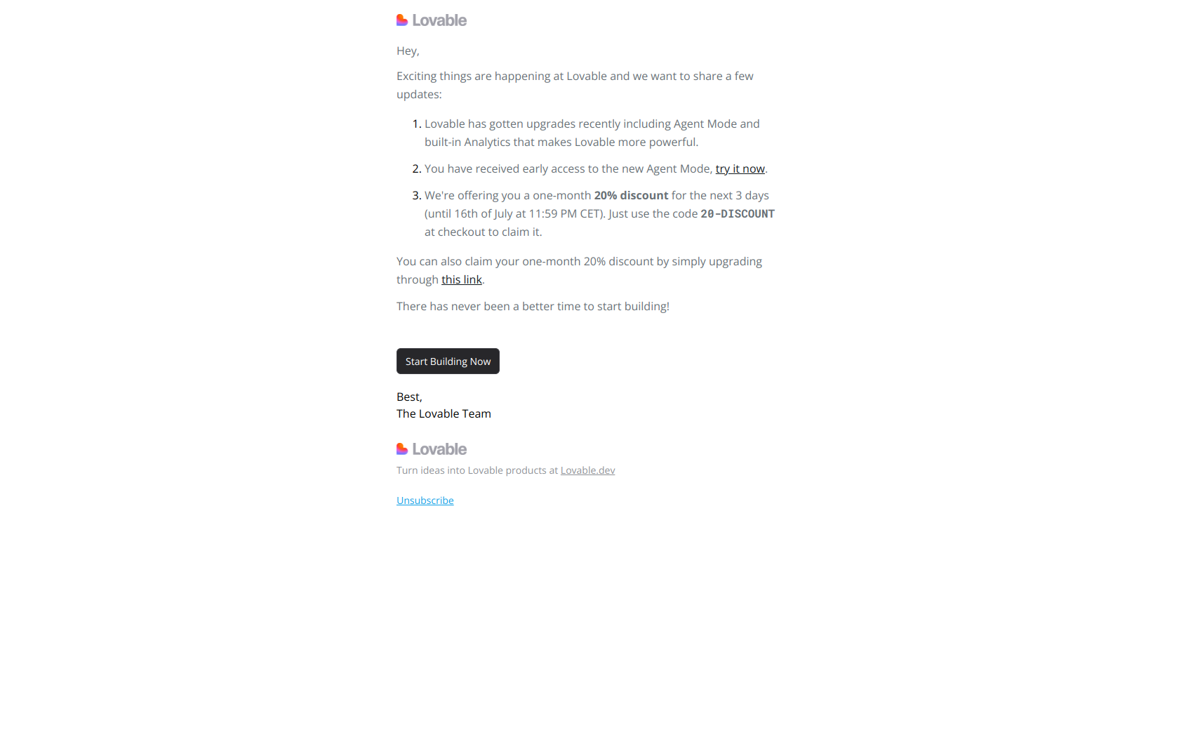 Agent early access + 20% pro discount — email screenshot from Lovable