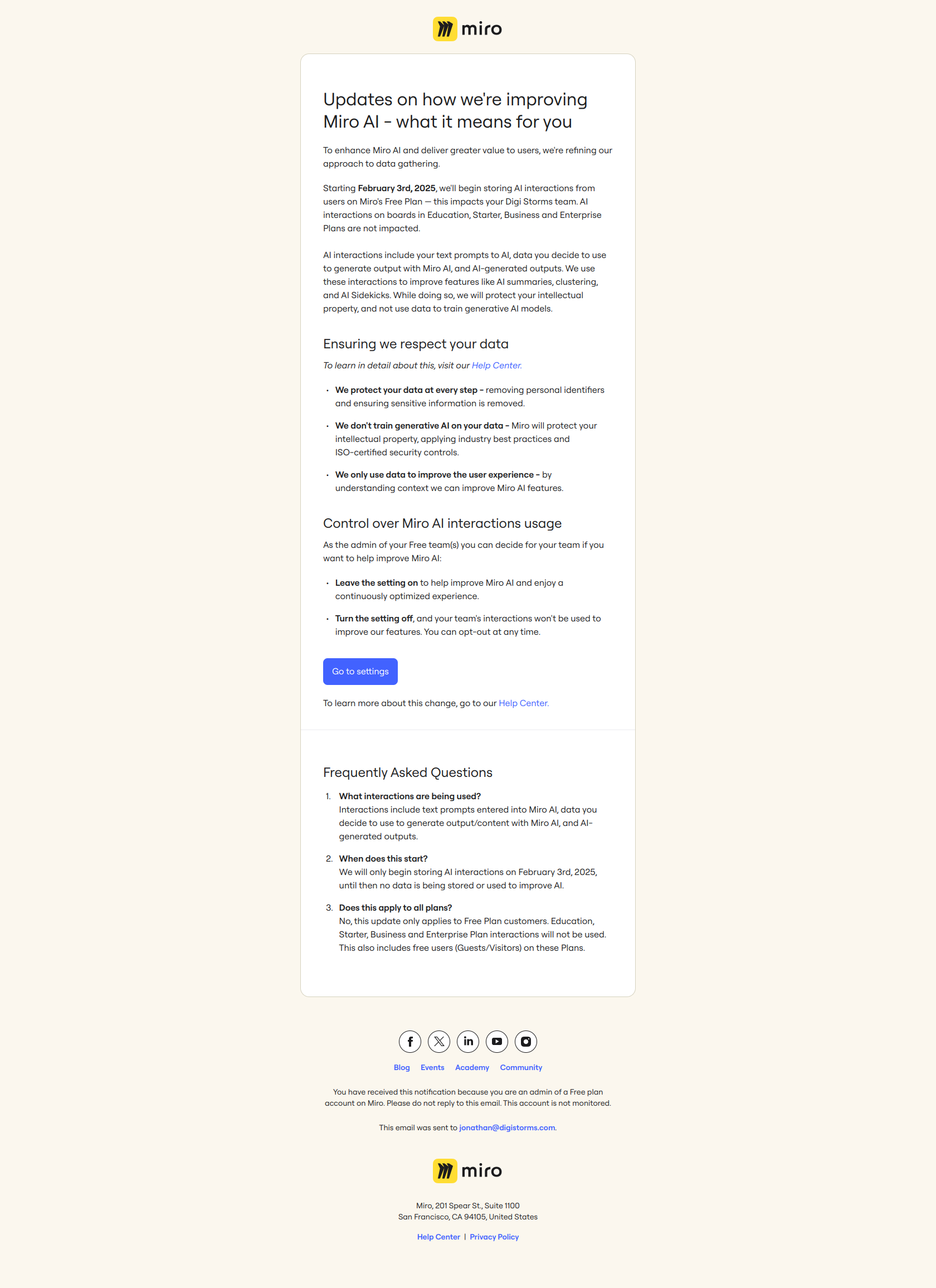 Enhancing Miro AI: What You Need to Know — email screenshot from Miro