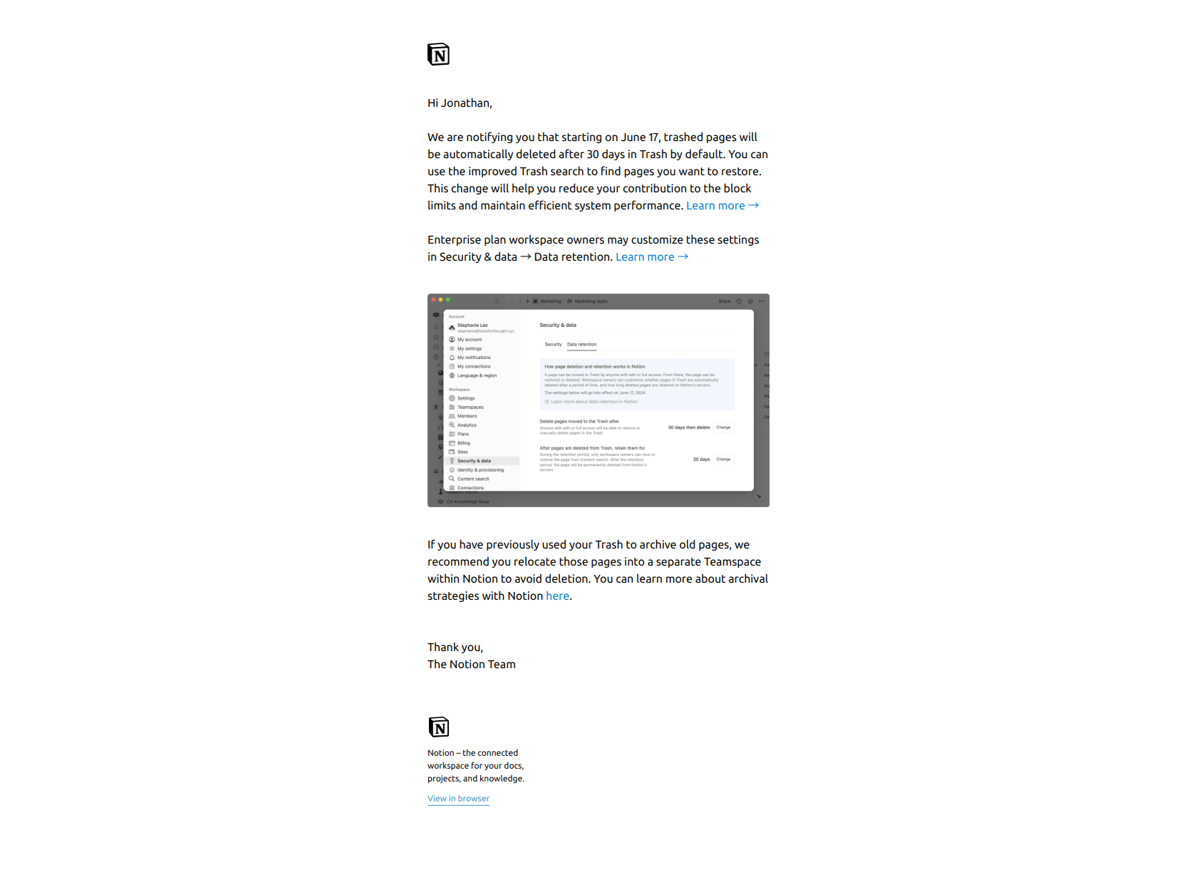 Changes to Trash Retention Length — email screenshot from Notion