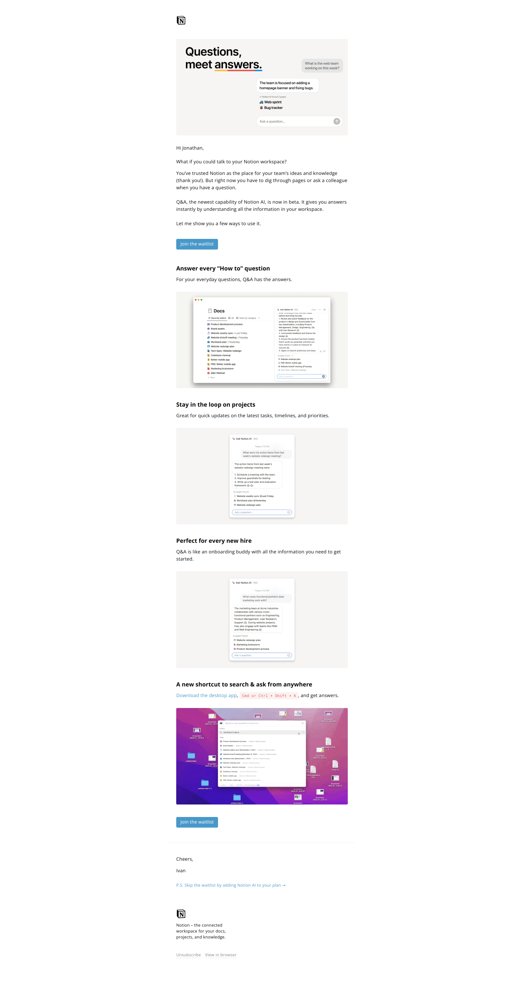 Notion 2.35: AI Q&A — email screenshot from Notion