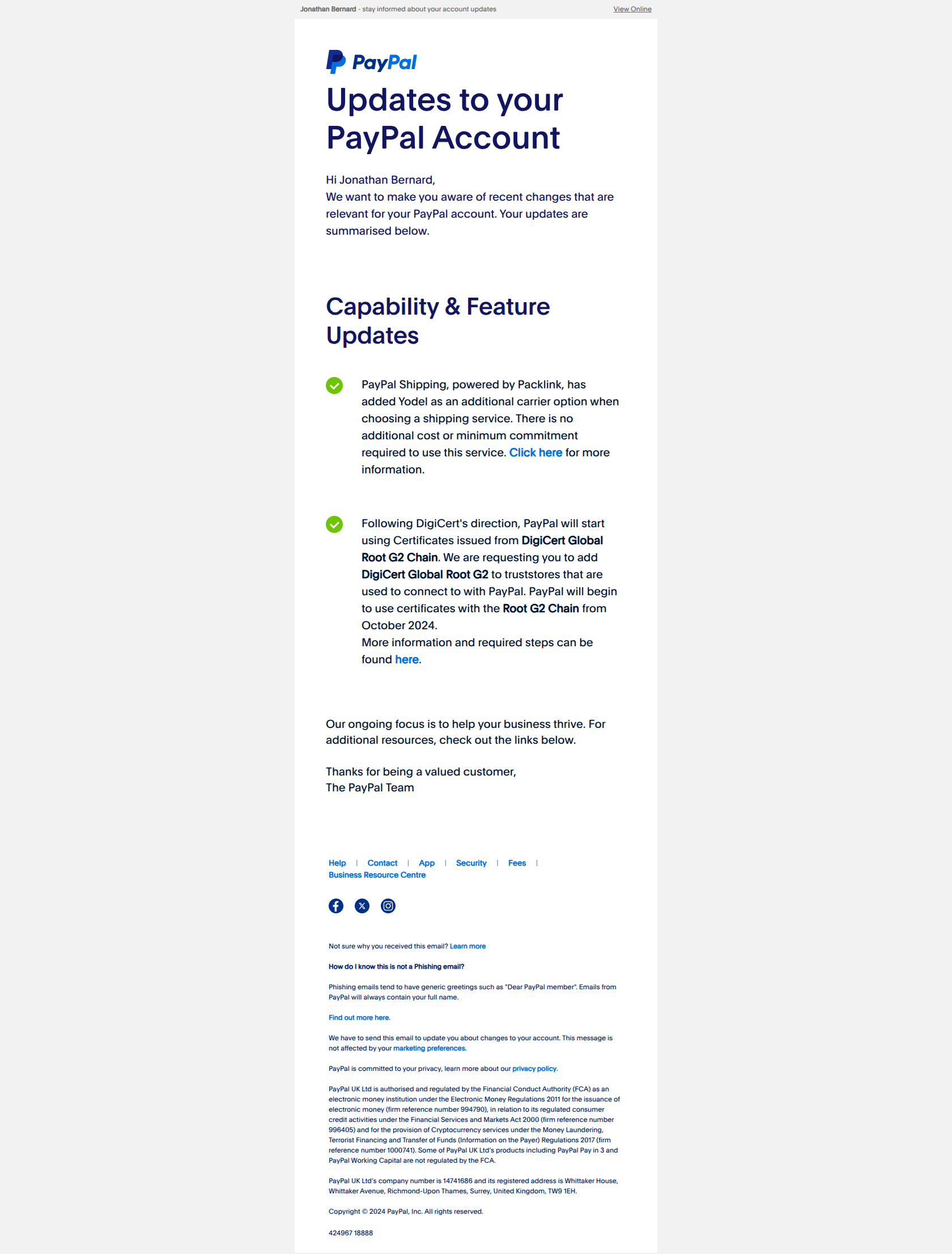View updates to your PayPal account — email screenshot from Paypal
