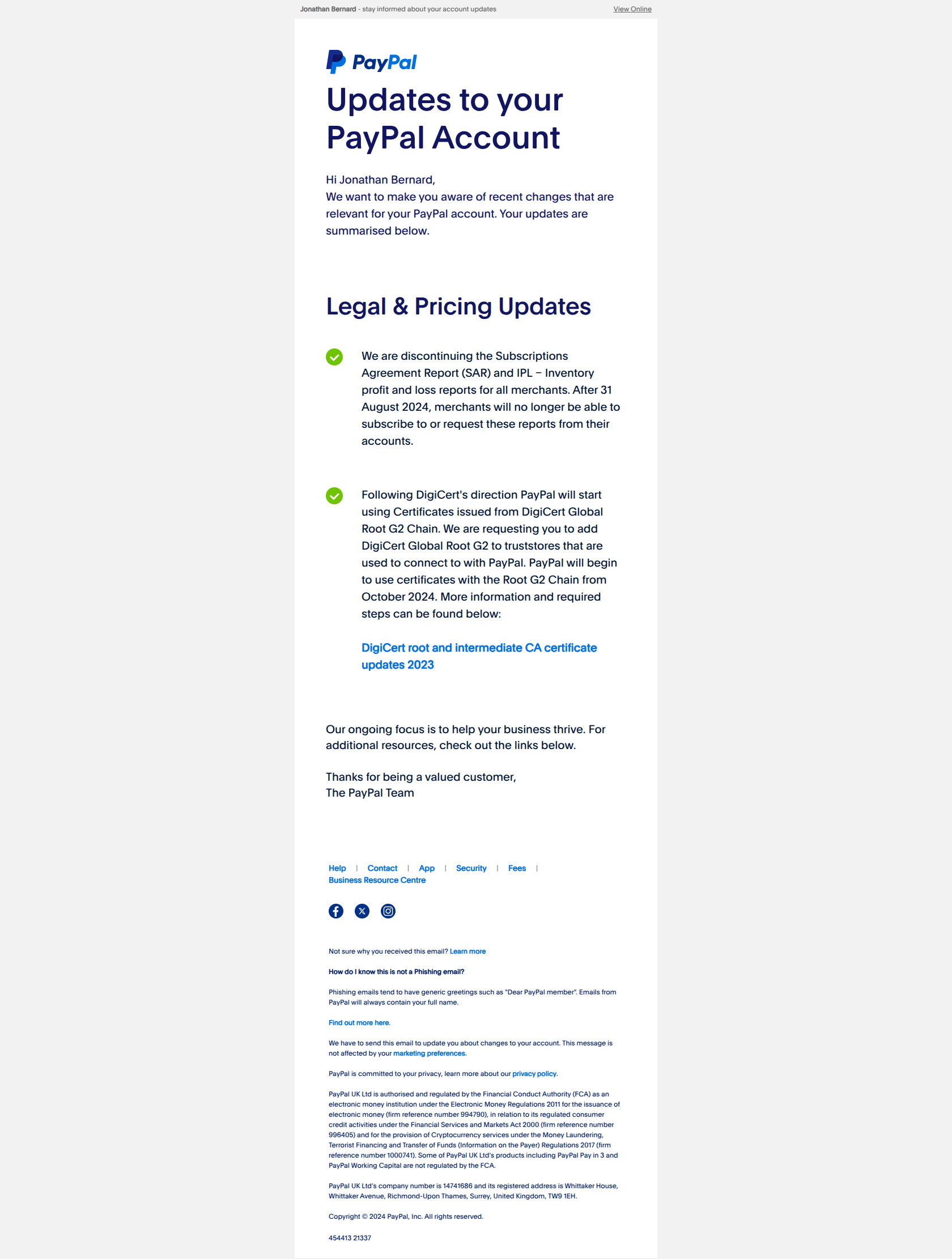 View updates to your PayPal account — email screenshot from Paypal