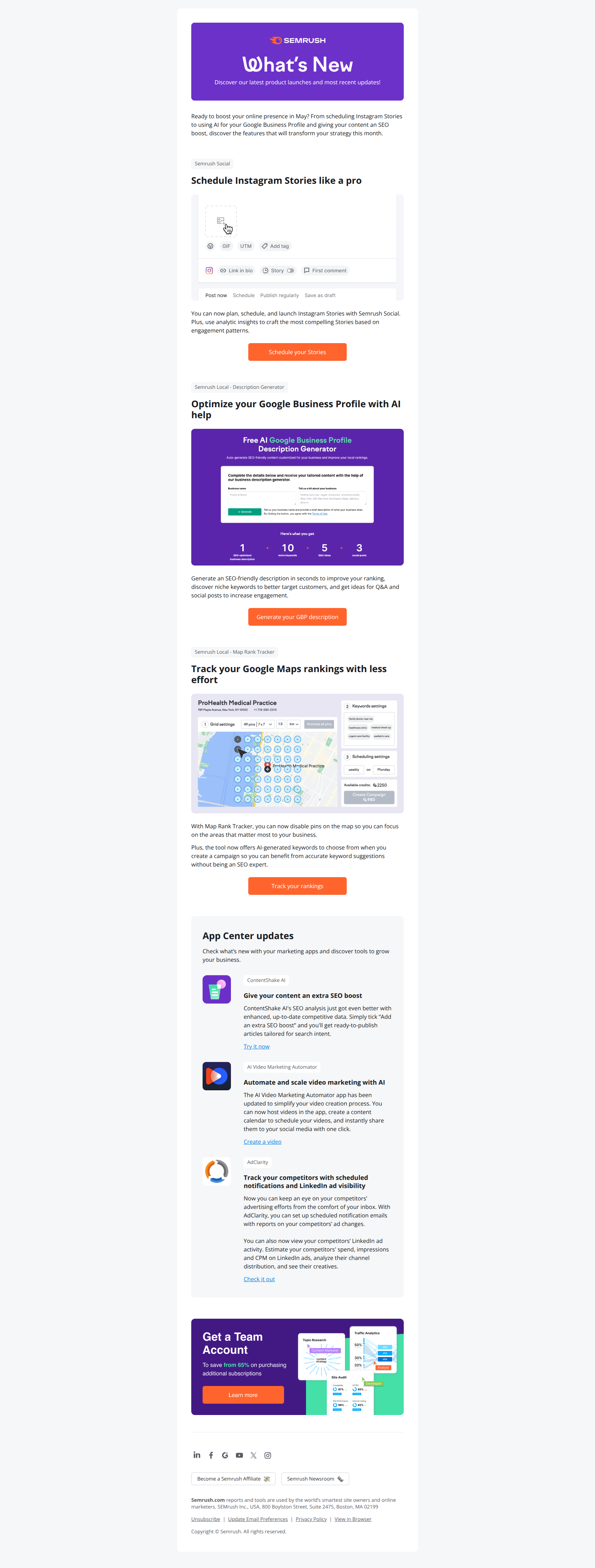 Schedule IG Stories, track competitor ads, boost your SEO, and more — email screenshot from SemRush