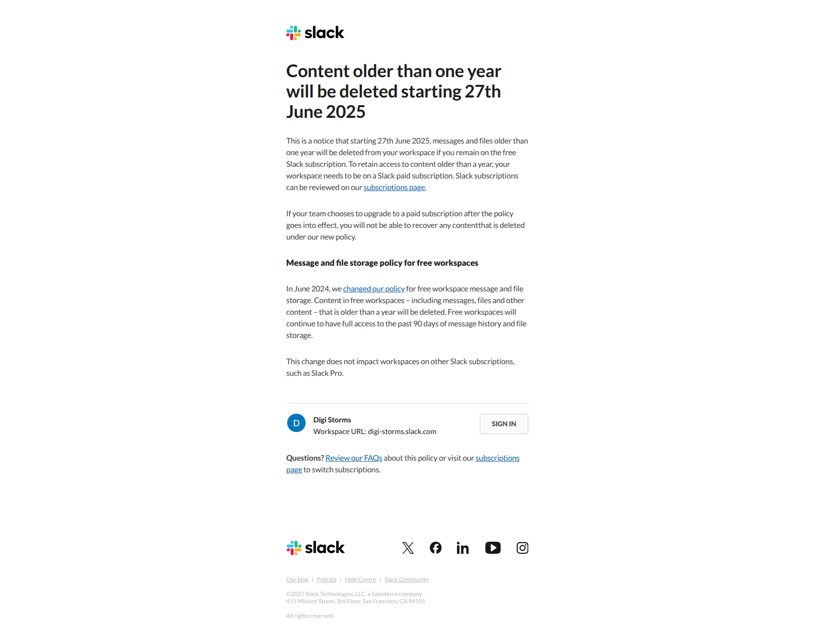 Notice: Content older than one year will be deleted from your free workspace starting 27th June 2025 — email screenshot from Slack