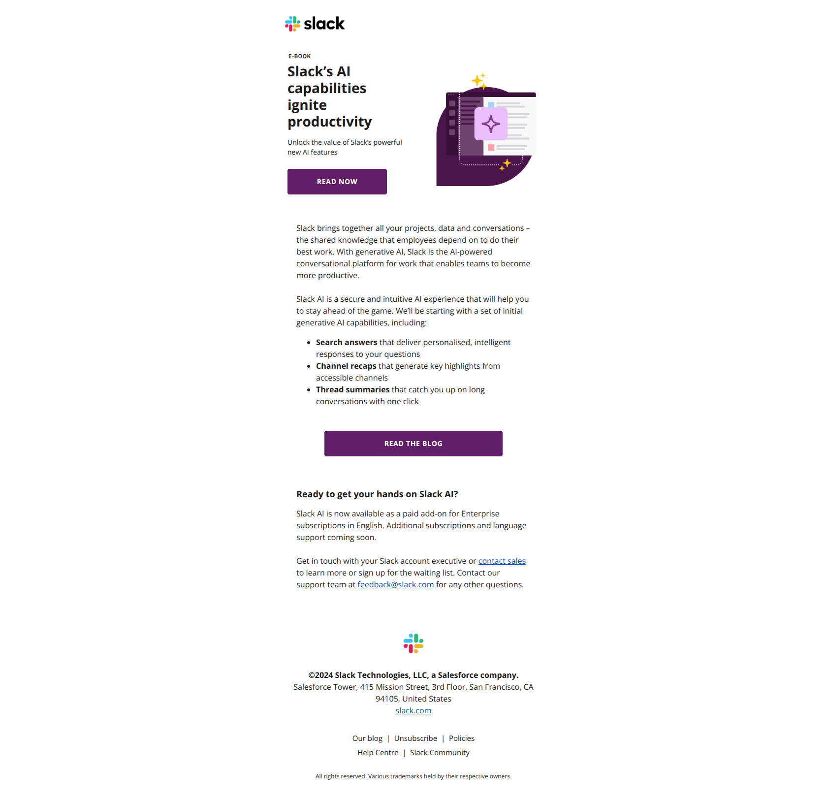 Slack AI is almost here: Work smarter and faster with trusted AI in Slack ✨ — email screenshot from Slack