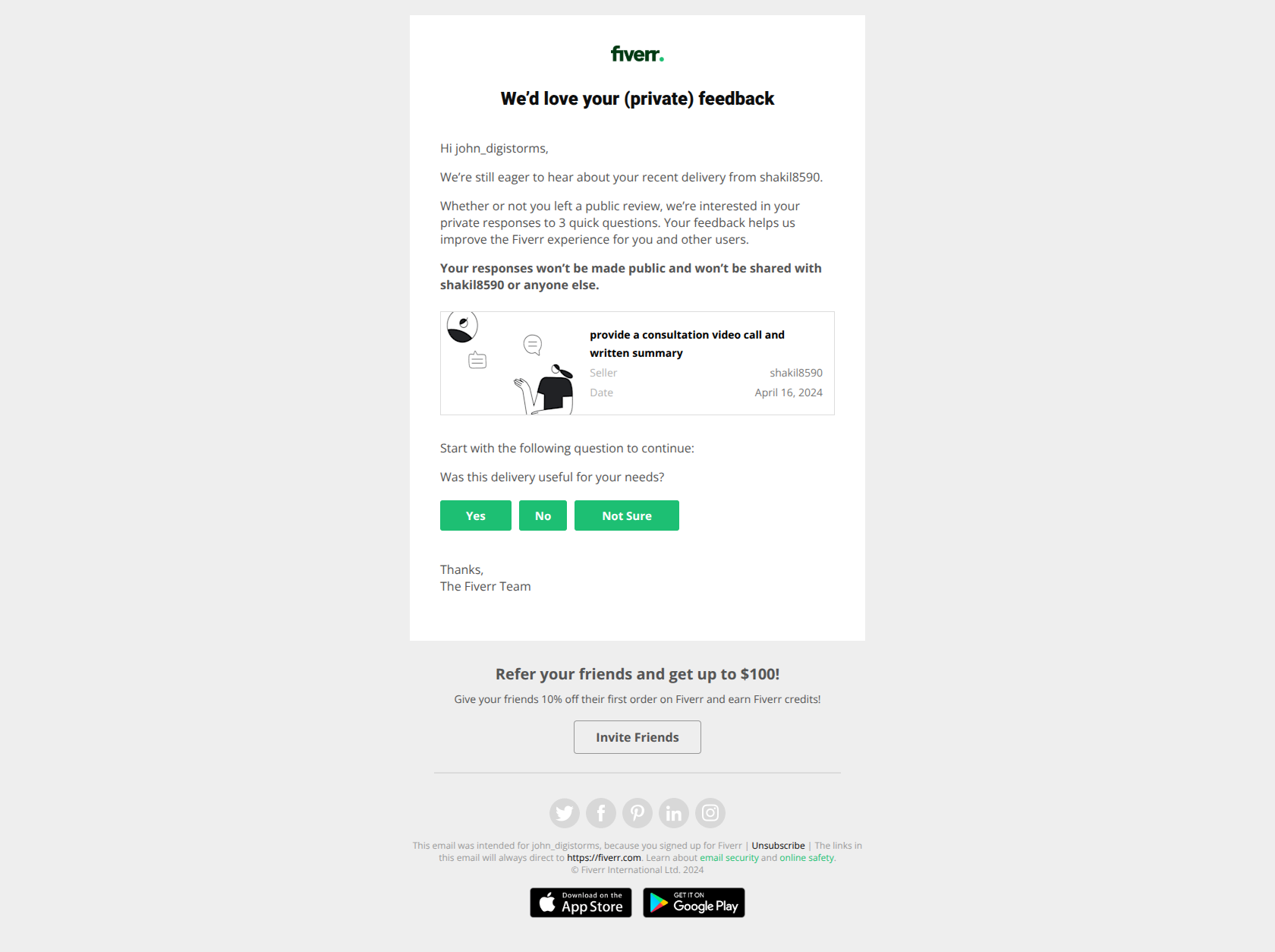 Reminder to privately rate your recent order — email screenshot from Fiverr
