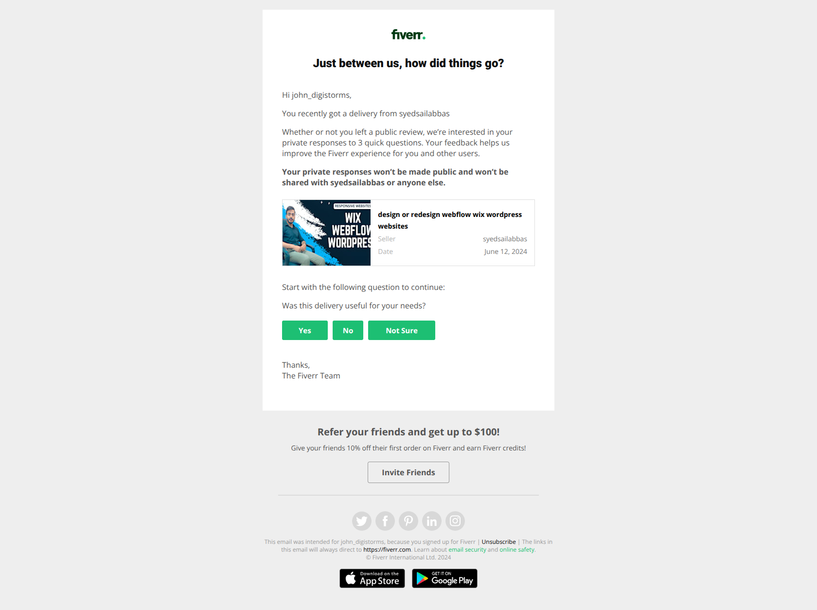 Privately rate your recent order — email screenshot from Fiverr