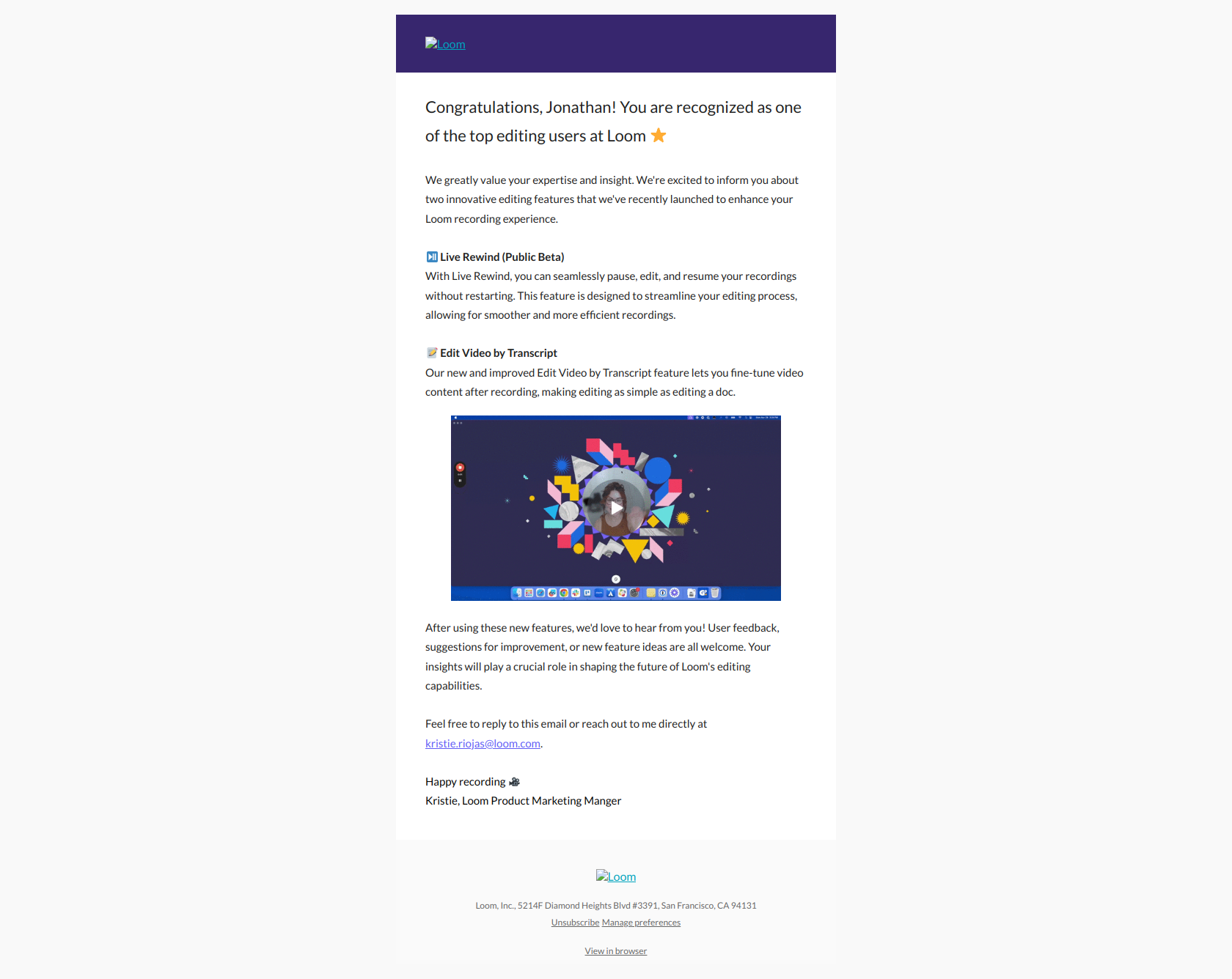 Jonathan, we want to hear from you! — email screenshot from Loom